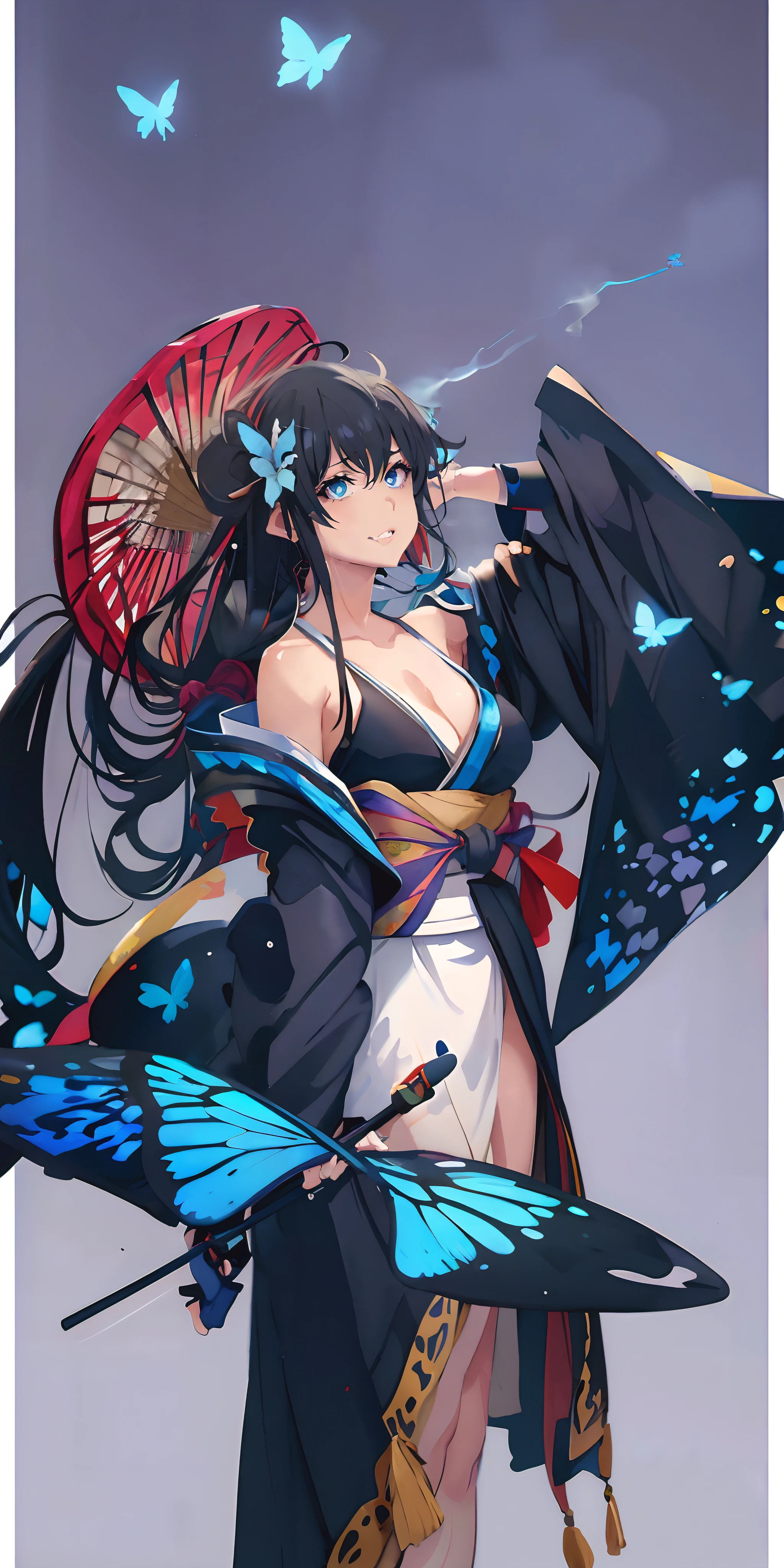 yukinoshita yukino, (long hair, black hair:1.5_, blue eyes, sweating, glowing eyes, heavy breathing, female focus, insect, bug, butterfly, blue_butterfly, butterfly_hair_ornament, breasts, 1girl, large_breasts, cleavage, hair_ornament, butterfly_print, thigh_strap, japanese_clothes, bare_shoulders, obi, sash, solo, kimono,  black_kimono, looking_at_viewer, thighs, collarbone, long_sleeves, wide_sleeves, butterfly_wings, detached_sleeves, standing, choker, outside_border, "glow effects, godrays, Hand drawn, render, 8k, octane render, cinema 4d, blender, dark, atmospheric 4k ultra detailed, cinematic, Sharp focus, big depth of field, Masterpiece, colors, 3d octane render, 4k, concept art, trending on artstation, hyperrealistic, Vivid colors, extremely detailed CG unity 8k wallpaper, trending on CGSociety, Intricate, High Detail, dramatic", anime coloring, anime screencap, sweating, steaming body, fog