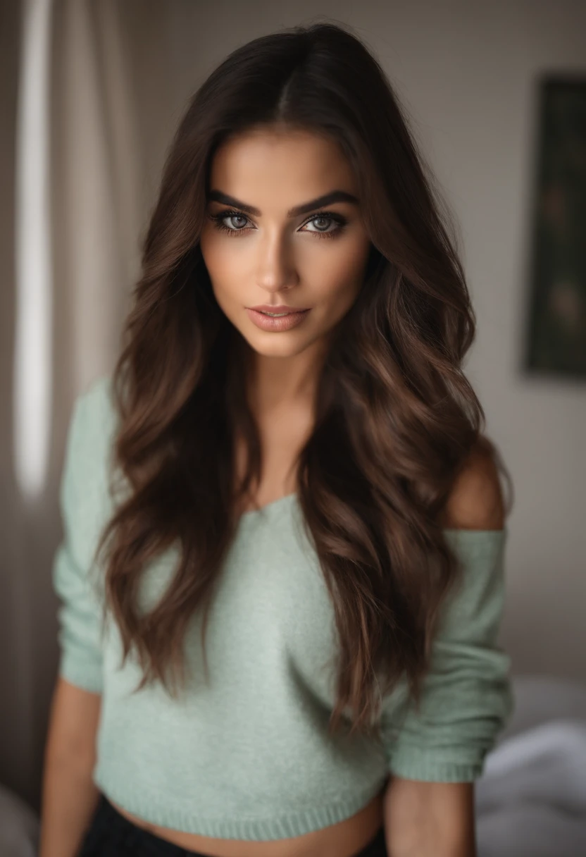Arafed Mujer con una camiseta blanca sin mangas y un collar, Chica sexy con ojos verdes, Retrato Sophie Mudd, brown hair and large eyes, selfie de una mujer joven, Ojos del dormitorio, Violeta Myers, sin maquillaje, Maquillaje natural, staring directly into camera, cara con artgram, maquillaje sutil, Impresionante foto de cuerpo completo, penetrantes ojos verdes, beautiful angle, Pose atractiva, Cute little girl, pose sexy, Imagen de cuerpo entero, cuerpo completo, full body shoot, Diosa morena, High detail, Pose satisfecha, pantalones de cuero