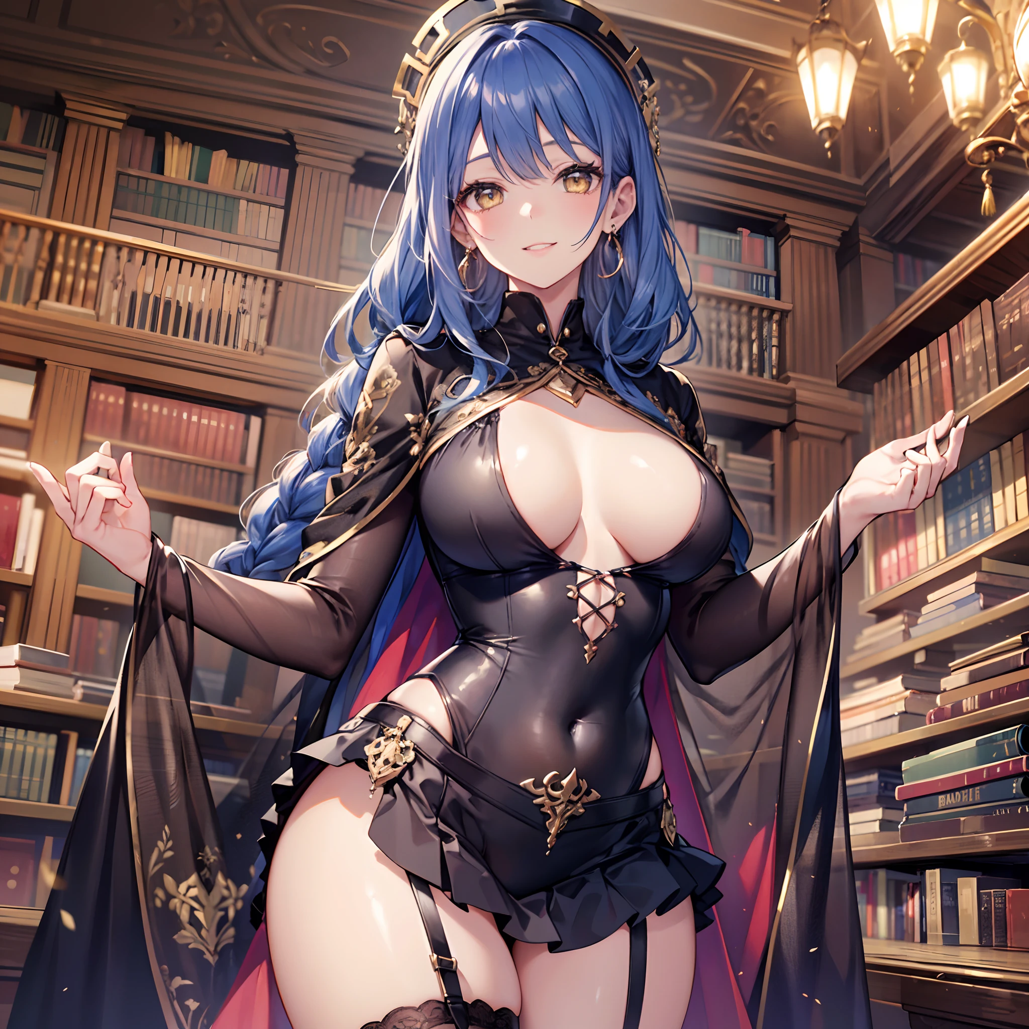 Realistic and detailed image of a girl. Dressed in a long sleeved black shirt, embroidered pleated mini skirt and garters, she wears an ochre colored cape. Long silky midnight blue hair that is unusually shiny styled in complex braids to her right side. Golden eyes. She has earrings, long eyelashes. She has full, smiling lips. Medium breasts, slim waist, very wide hips and thick thighs. view of breasts. Arched back. She is walking sensually through a library surrounded by books.