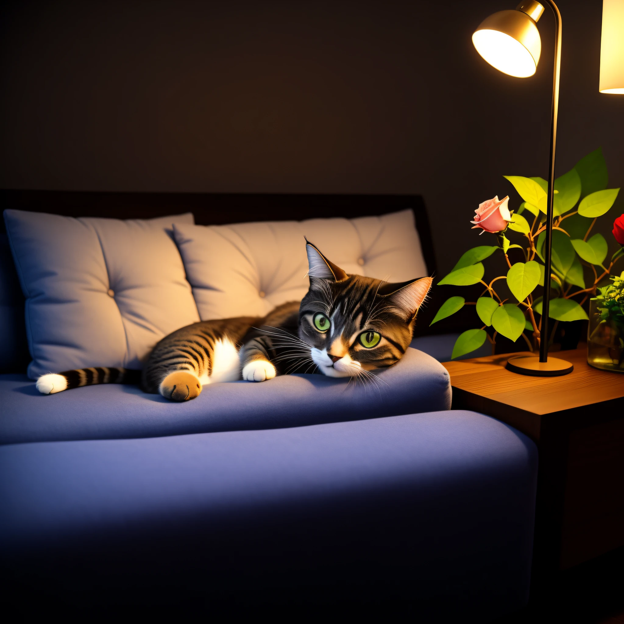 There was a cat lying on the sofa, Thoughtful ), Thoughtful, cats and plants, relaxing mood, comfortable atmosphere, Cozy atmosphere, sitting with flowers, cosy atmoshpere, cozy environment, cat on the table, cat photography, relaxing atmosphere, Shot on Canon EOS R 6, laying on roses, photo of a cat, cozy environment, in the night time，8K，Cute cat，nighttime scene，There are desk lamps，Cute cat cat，Moe expression，Short mouth，Round face