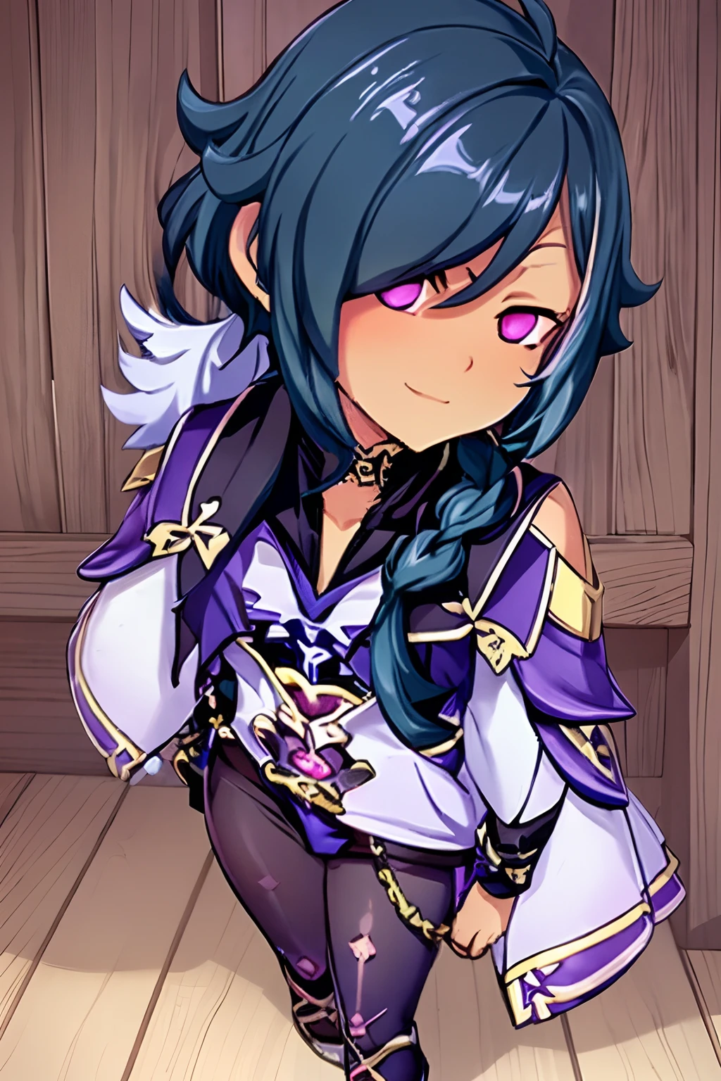 Masterpiece, best quality, ultra detailed, 1boy,((Kaeya from Genshin impact)),((mykaeya))standing, Long dark Blue hair, ponytail , eyepatch, (dark skin),thick_thighs,  thigh boots,Corruption,half-closed eyes,no pupils,evil grin,combatant,