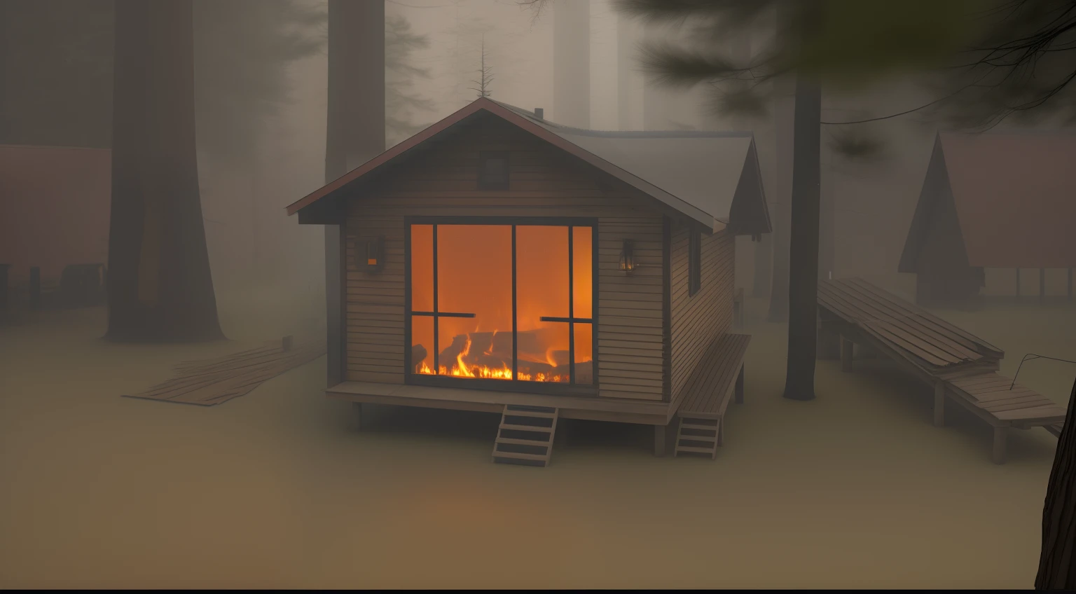 there is a small cabin with a fire in it in the woods, fires!! hyperrealistic, fire raining, cabin in the woods, raining fire, cabin, bathed in the the glow of a fire, erik johansson style, log cabin, octane render. fog, rainy day. game render, inspired by Gregory Crewdson, fire from some windows, erik johansson, but in night, put more itens, do ir better