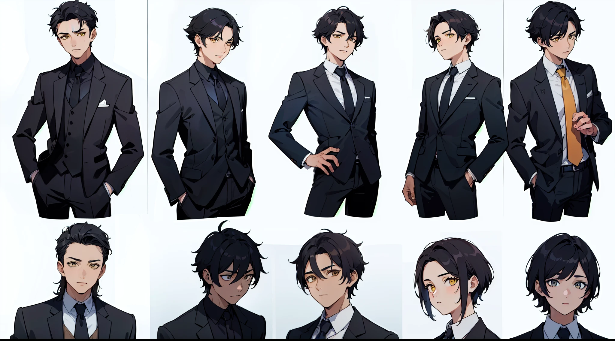 ((Masterpiece, Highest quality)), Detailed face, character sheets, full bodyesbian, 1boys, Yellow eyes, Black hair,  short detailed hair， Smooth hair, hair between eye,Black loose suit, Full of details, Multiple poses and expressions, Highly detailed, Depth, Many parts