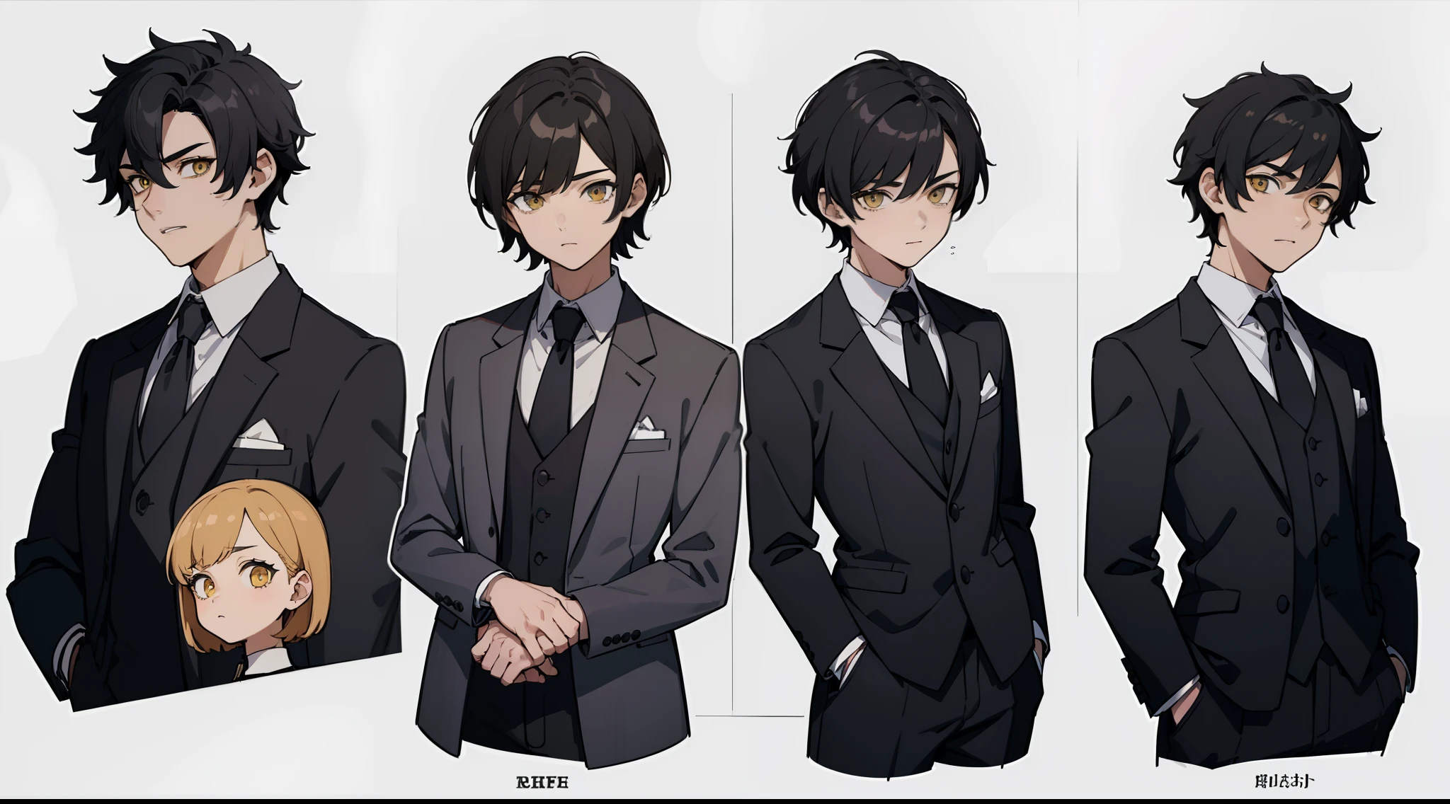 ((Masterpiece, Highest quality)), Detailed face, character sheets, full bodyesbian, 1boys, Yellow eyes, Black hair, short detailed hair, Smooth hair, hair between eye,Black loose suit, Full of details, Multiple poses and expressions, Highly detailed, Depth, Many parts
