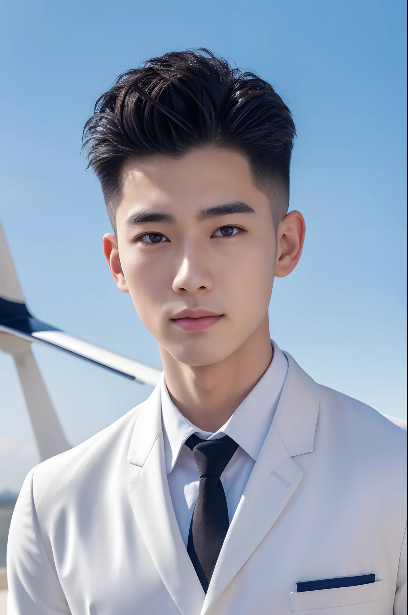 Korean boy in an airline pilot white uniforms, nearby a plane background, Detailed background, detailed fingers, Full Body Shoot, Quiff haircut, look at camera, detailed facial parts, Manly, Active Boy, Freestyle Pose, Happy Expression, perfect anatomy, symmetric body, asian boy 19 years old, high detail, asian, realistic, human skin, Short Hairstyle, handsome chad chin, handsome, masculine, attractive, human skin, (eyes contact), Handsome, Attractive