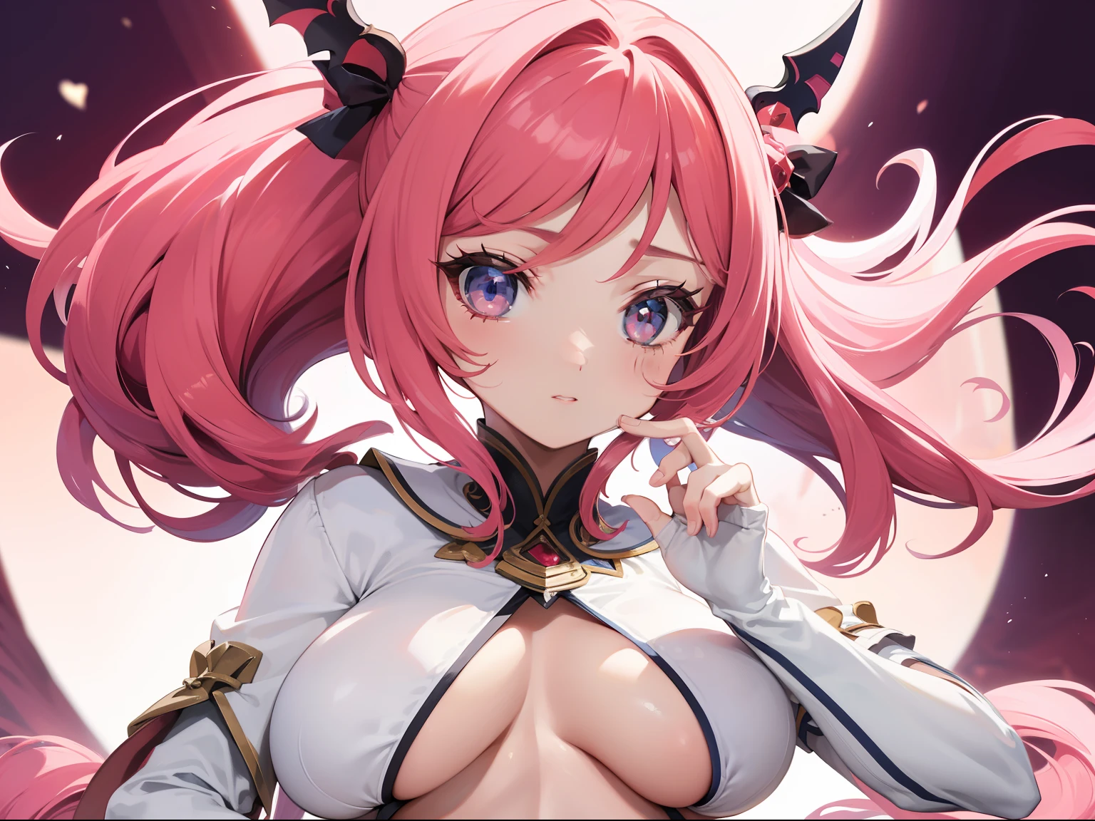quarto, 1girl, Olhando para o Viewer, rosto chocado, cabelo rosa curto, olhos azuis, medium tits, roupa de empregada, Decote suado, coxas grossas, bunda grande, suction gloves, nsfw