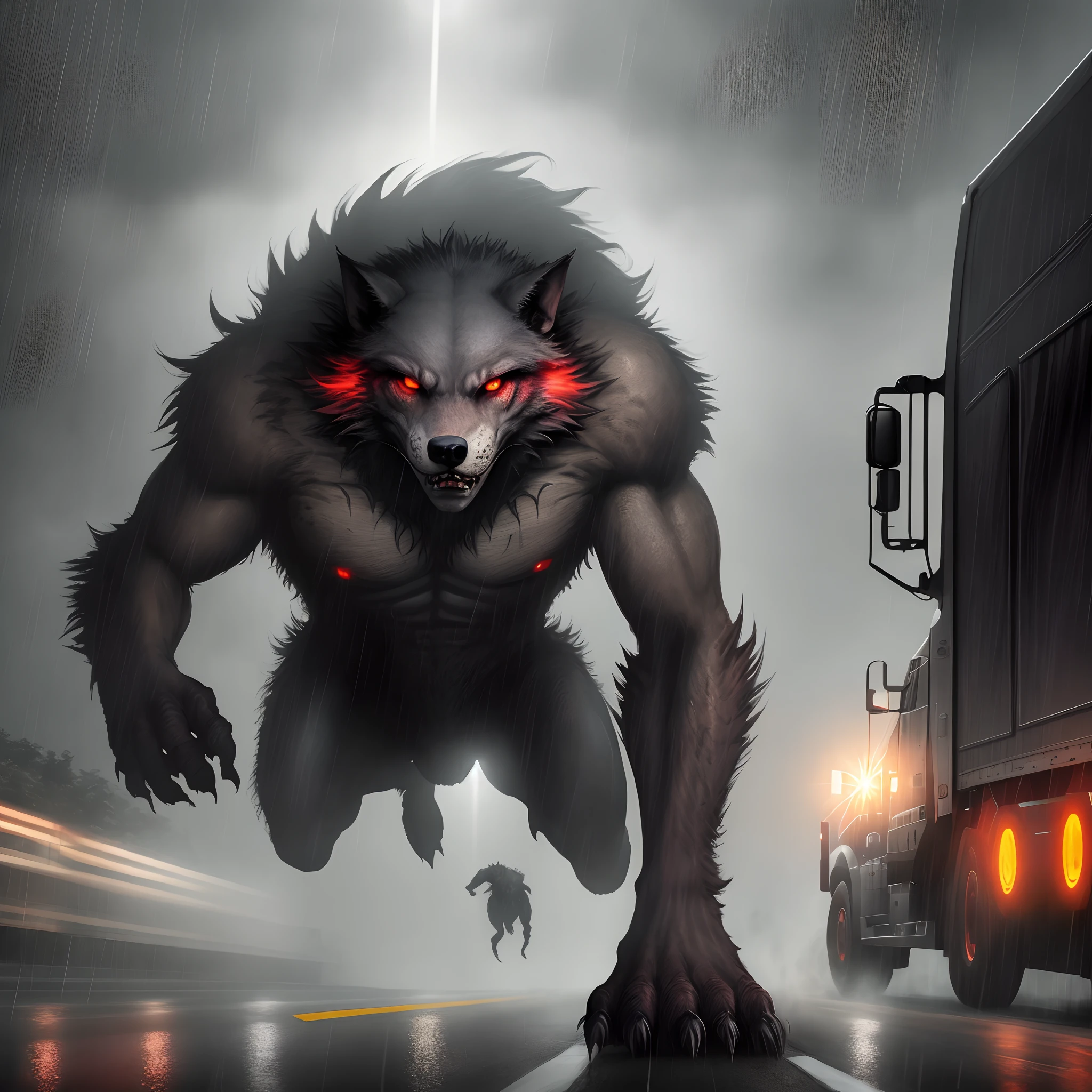 A monster looks like a werewolf shine red eyes jumping in and rip off the door of a semi truck that's travelling lonely in a highway at raining night , action scene style, digital art style, silent hill style