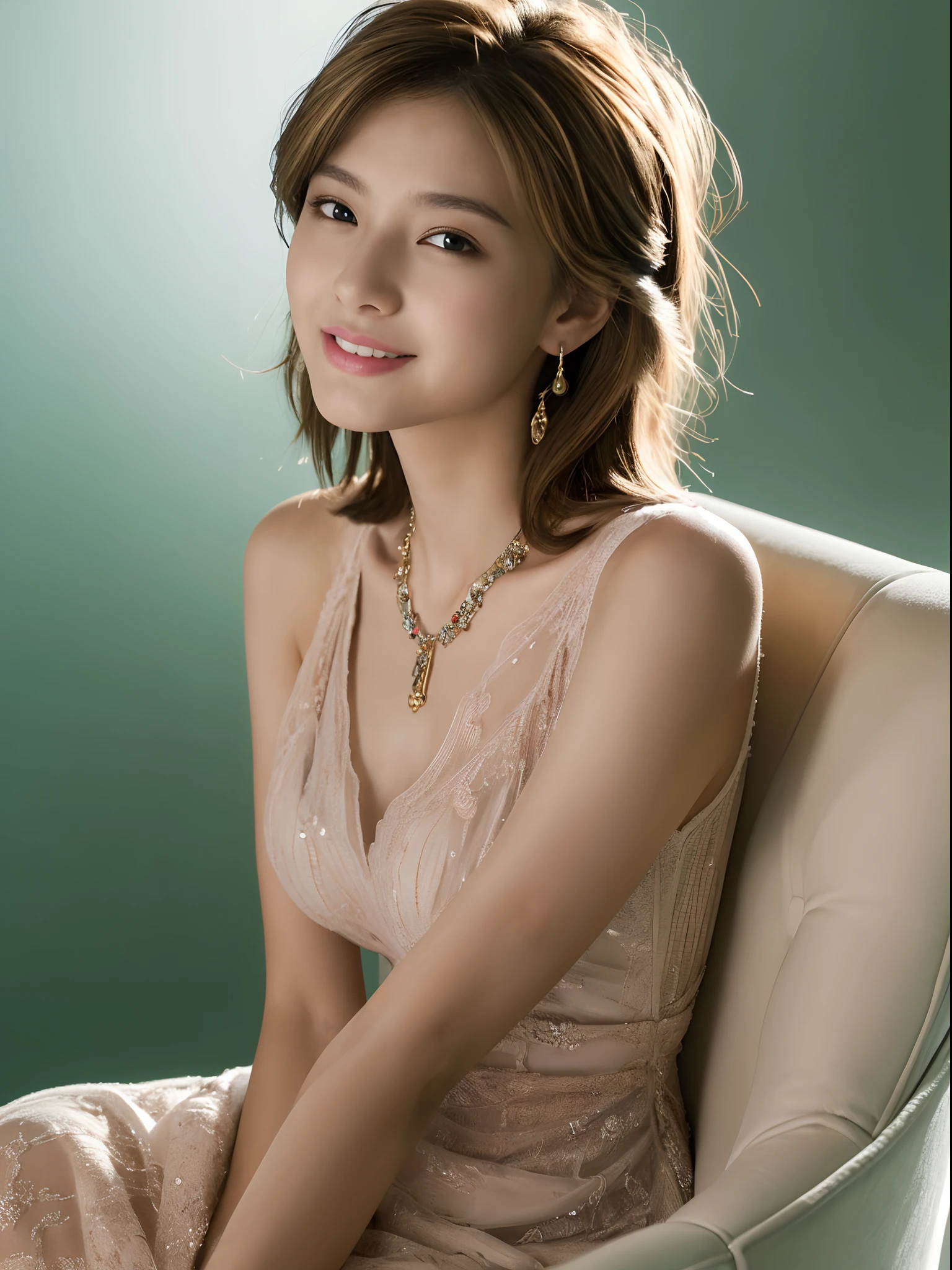 ((top-quality、8K、masterpiece:1.3))、Cinematic,1 Japan person model、Happy expression on face、full body Esbian、Slim Faces、bvery pretty woman、Light makeup,(lightbrown hair,shorth hair)、very small boobs,see through dress、hyperdetailed face、A detailed eye、Eyes iridescent,Elaborate necklaces,Large and elaborate earrings,A bracelet、blured background,Sitting in a plush chair,