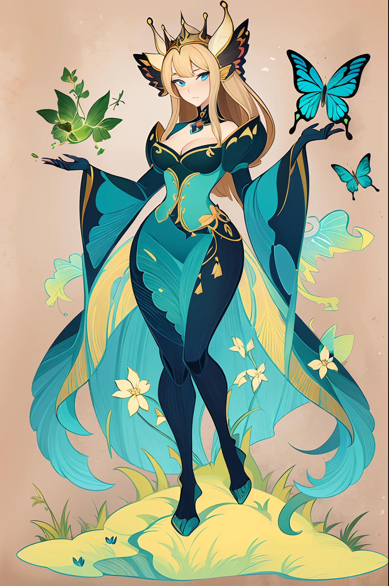 (1 Anthropomorphism of butterflies), (standing full-body), (Full body standing painting), 1 Princess，(standing full-body)，独奏, character  design, fanciful, tmasterpiece，top Quority，best qualtiy，超高分辨率，Exquisite facial features