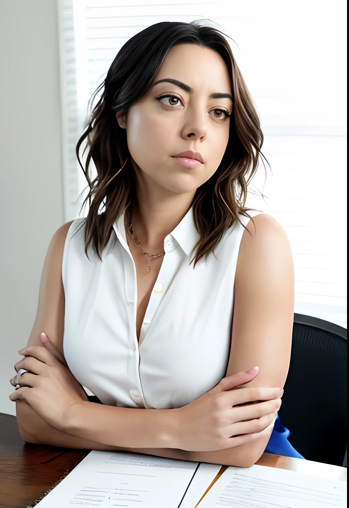 masterpiece, lifelike upper body image of AubreyPlaza, wearing a white blouse, photo realistic, highly detailed, arms folded, detailed face, resting bitch face, dramatic lighting, detailed eyes, sitting behind desk