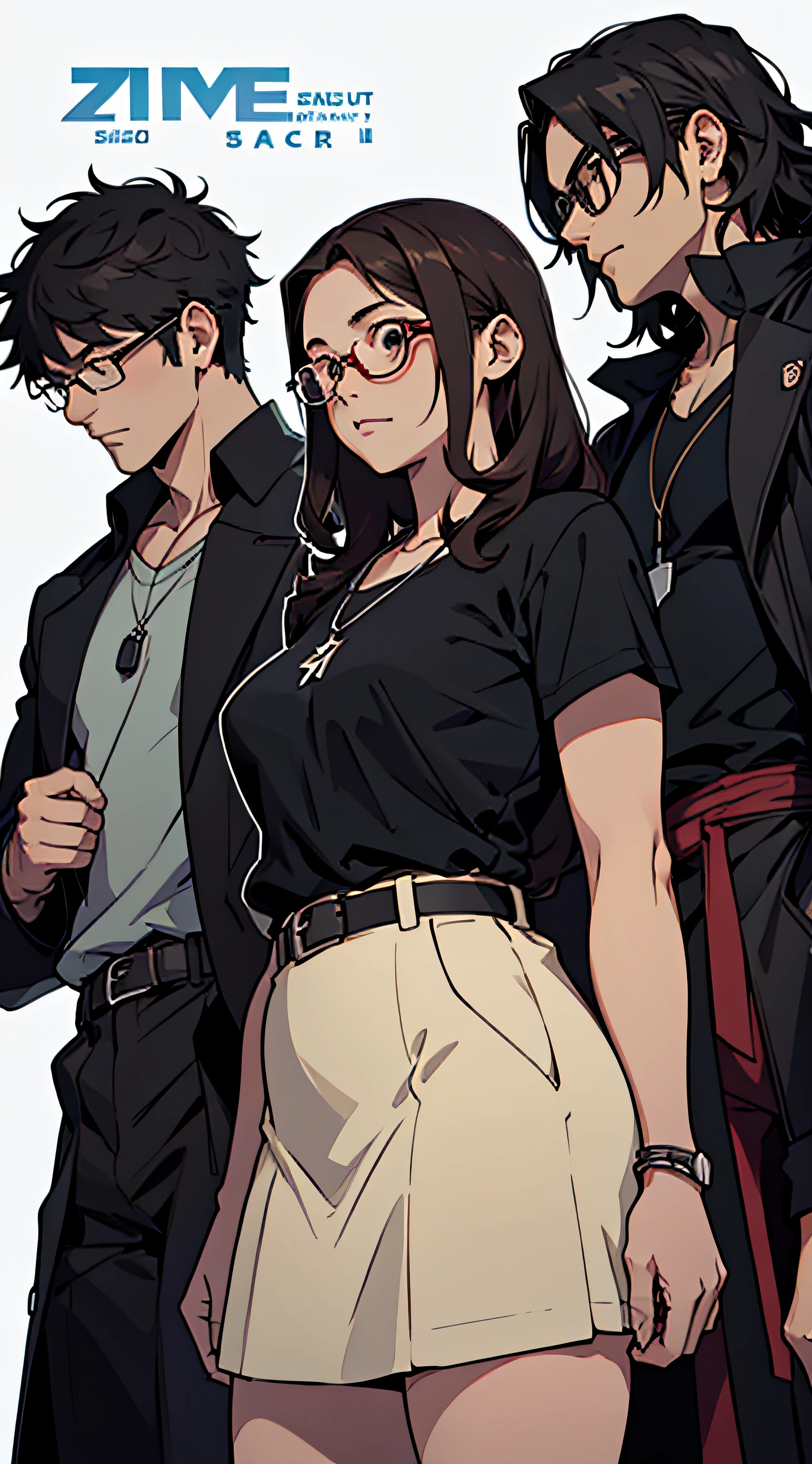 The scene must follow Ghibli's distinctive digital art style with a focus on the characters' expressions, vibrant and detailed colors and textures characteristic of the title's animations. hd, ultra hd, make a three people A woman and two men, One of the adults on the right wearing glasses with medium hair on top and cut on the sides and wearing an all black coat and wearing glasses and a necklace, the second adult on the left with curly hair wearing a black t-shirt with a band and no glasses, Third adult in the middle, a woman wearing a red skirt and belt, shirt with long, straight, dark hair and a little chubby