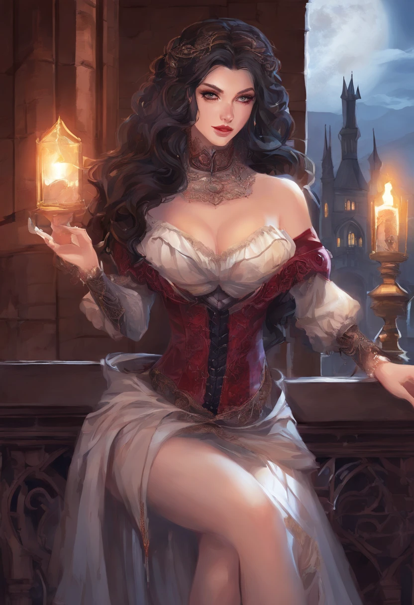 (masterpiece, top quality, best quality, official art, beautiful and aesthetic:1.2), (1girl:1.3), long and curly dark brown hair, ((extravagant updo)), Victorian style, extremely detailed, portrait, looking at viewer, solo, (full body:0.6), detailed background, close up, mischievous eyes, (cold midnight castle theme:1.1), extremely busty vampire, long fangs, blood on chin, huge lips, charlatan, smirk, mysterious, being seductive on a balcony, revealing gothic dress, lace, extremely tight bodice, black attire, red skirts, off shoulder, long sleeves, loose sleeves, black leather, cloak, corset, black dress, fishnets, thigh high black boots, buckles, straps, pouches, glowing blood magic energy, dark red fabric, silver trim, black leather, gigantic breasts, cleavage, skindentation, slim waist, slim hips, long legs, medieval (gothic castle exterior:1.1) background, nighttime, dark mysterious lighting, shadows, magical atmosphere, dutch angle