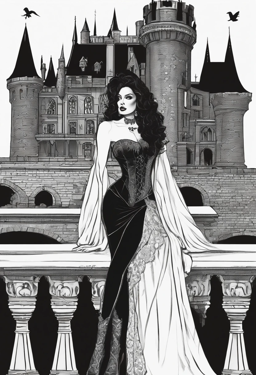 (masterpiece, top quality, best quality, official art, beautiful and aesthetic:1.2), (1girl:1.3), long and curly dark brown hair, ((extravagant updo)), Victorian style, extremely detailed, portrait, looking at viewer, solo, (full body:0.6), detailed background, close up, mischievous eyes, (cold midnight castle theme:1.1), extremely busty vampire, long fangs, blood on chin, huge lips, charlatan, smirk, mysterious, being seductive on a balcony, revealing gothic dress, lace, extremely tight bodice, black attire, red skirts, off shoulder, long sleeves, loose sleeves, black leather, cloak, corset, black dress, fishnets, thigh high black boots, buckles, straps, pouches, glowing blood magic energy, dark red fabric, silver trim, black leather, gigantic breasts, cleavage, skindentation, slim waist, slim hips, long legs, medieval (gothic castle exterior:1.1) background, nighttime, dark mysterious lighting, shadows, magical atmosphere, dutch angle