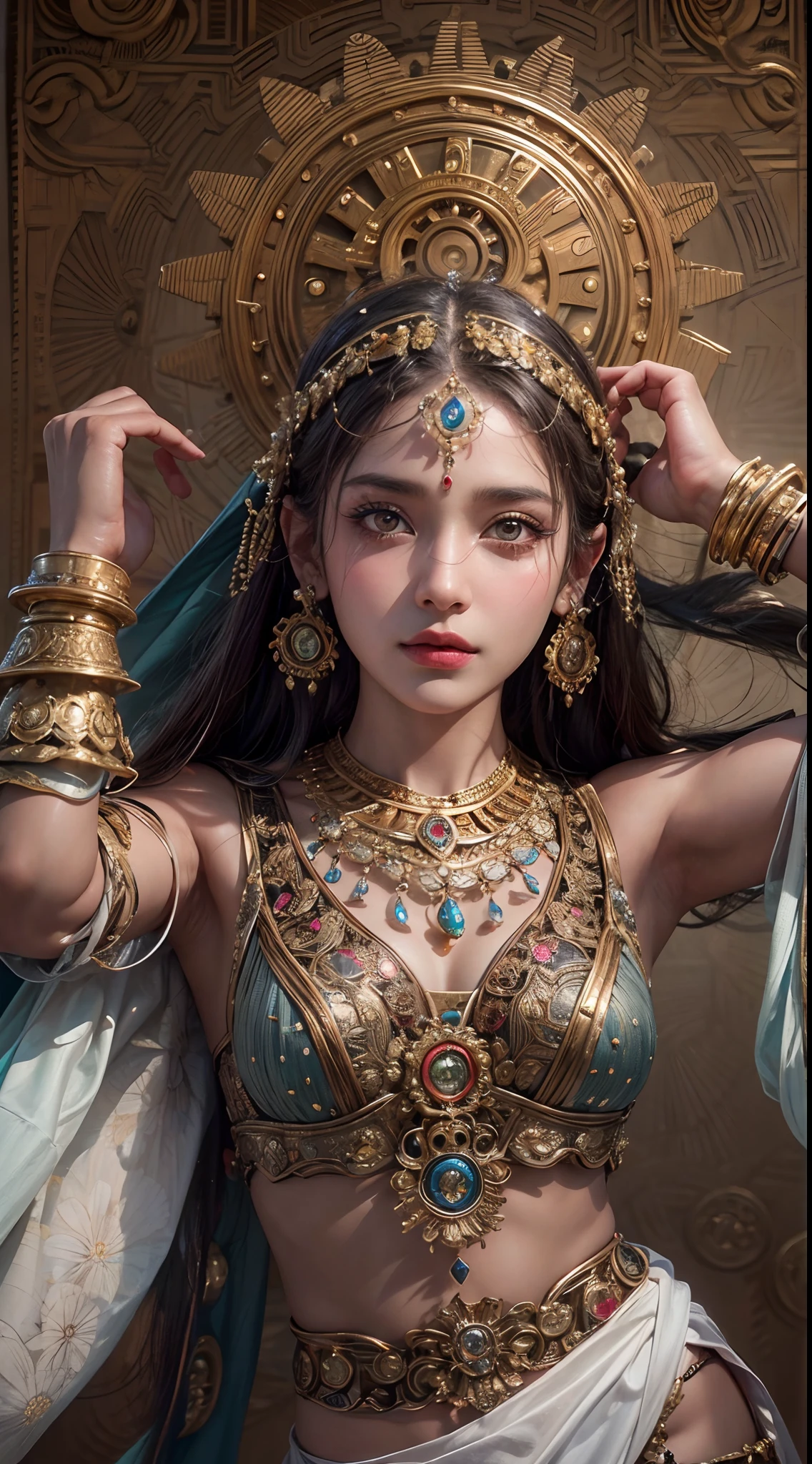 Unbeatable masterpiece, Ultra photo realsisim, Perfect artwork, Intricate details, Best quality, Strong light , High contrast, Dynamic pose, Dutch angle , ((Depth of field)) , Octane rendering, (hyper realisitc: 1.2) , Perfect feature,1girll, (ultra intricately detailed), (Mysterious Expression:1.2) , (female mummy:1.5) , (ancient Egyptian:1.3) , (tomb setting:1.2) , (golden sarcophagus:1.1) , (ancient artifacts) , (intricate jewelry) , (ornate headdress:1.2) , (bandaged body:1.3) , (ancient curse) , (forgotten secrets:1.3) , (vignettes) , (Transparent veil:1.2) , (Egyptian eye makeup:1.1) , (Detailed textures) , (fine brush strokes) , (Floating hair:1.21) , (There are no missing fingers or fingers)