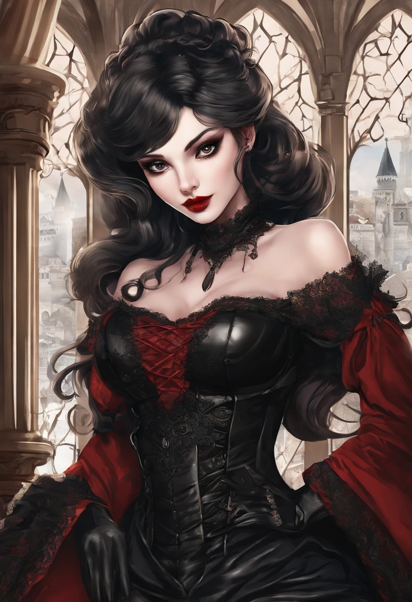 high quality, extremely detailed, perfect face, masterpiece, creepy castle background, night time, <lora:CarmillaCOTM:.6> <lyco:ayami-style:.8> Carmilla, brown hair, (red latex ballgown, red corset, red gloves), (wing-like hair bow), seductive smirk, left arm holding right arm