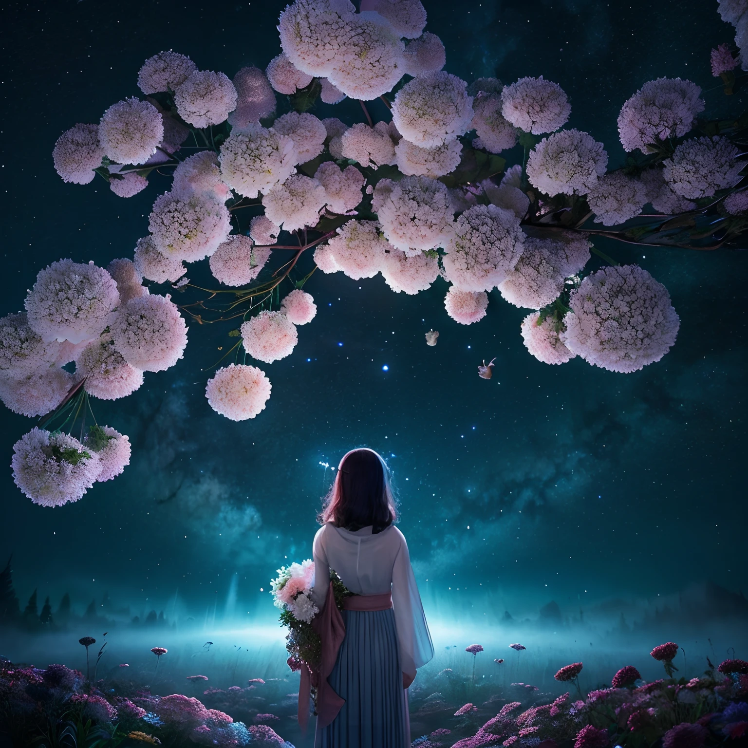 Please create an enchanting, ethereal image of a surreal night sky with chrysanthemum flowers that seem to be from a dream, ensuring they merge seamlessly with the fantastical setting.