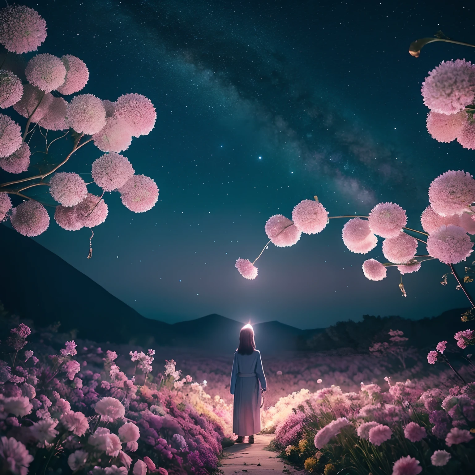 Please create an enchanting, ethereal image of a surreal night sky with chrysanthemum flowers that seem to be from a dream, ensuring they merge seamlessly with the fantastical setting.