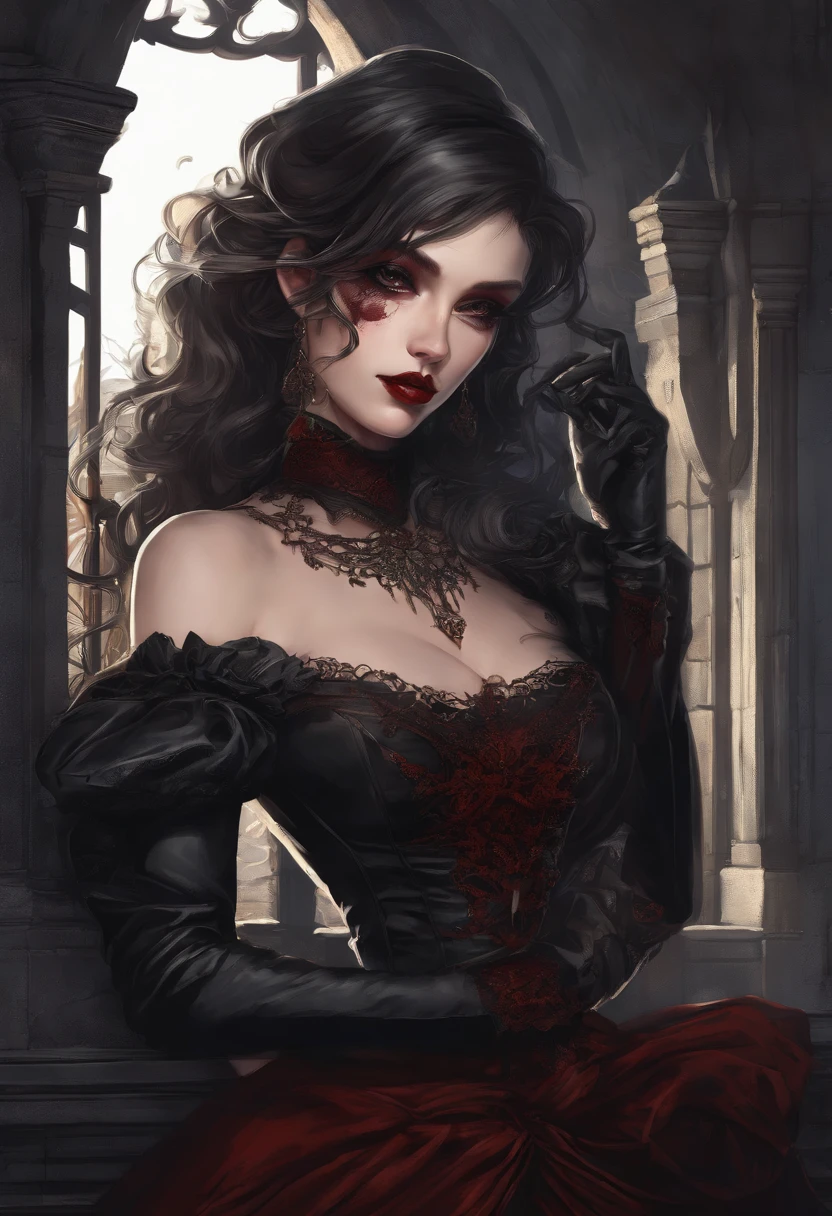 (masterpiece, top quality, best quality, official art, beautiful and aesthetic:1.2), (1girl:1.3), long and curly dark brown hair, ((extravagant updo)), Victorian style, extremely detailed, portrait, looking at viewer, solo, (full body:0.6), detailed background, close up, mischievous eyes, (cold midnight castle theme:1.1), extremely busty vampire, long fangs, blood on chin, huge lips, charlatan, smirk, mysterious, being seductive on a balcony, revealing gothic dress, lace, extremely tight bodice, black attire, red skirts, off shoulder, long sleeves, loose sleeves, black leather, cloak, corset, black dress, fishnets, thigh high black boots, buckles, straps, pouches, glowing blood magic energy, dark red fabric, silver trim, black leather, gigantic breasts, cleavage, skindentation, slim waist, slim hips, long legs, medieval (gothic castle exterior:1.1) background, nighttime, dark mysterious lighting, shadows, magical atmosphere, dutch angle