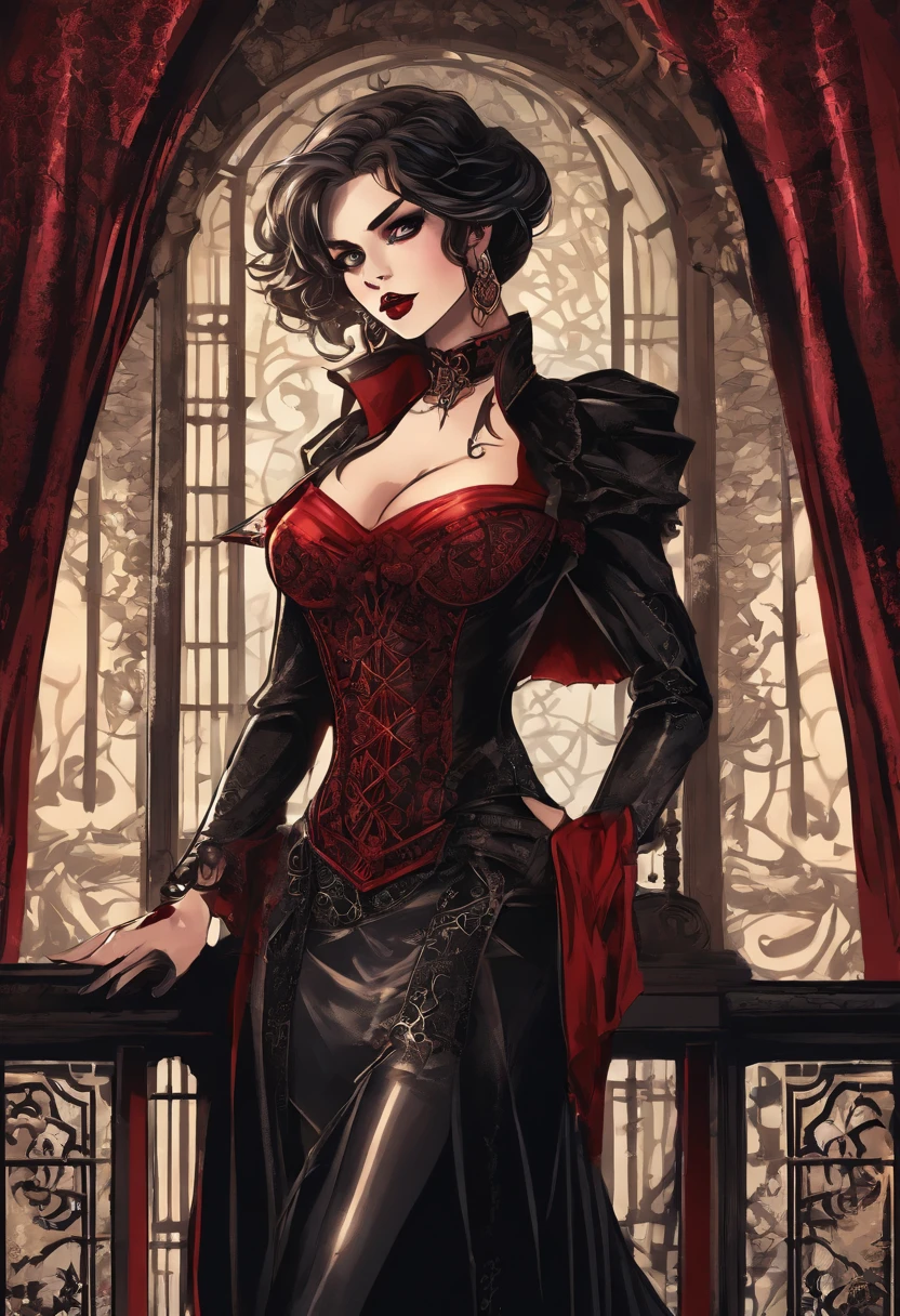 (masterpiece, top quality, best quality, official art, beautiful and aesthetic:1.2), (1girl:1.3), long and curly dark brown hair, ((extravagant updo)), Victorian style, extremely detailed, portrait, looking at viewer, solo, (full body:0.6), detailed background, close up, mischievous eyes, (cold midnight castle theme:1.1), extremely busty vampire, long fangs, blood on chin, huge lips, charlatan, smirk, mysterious, being seductive on a balcony, revealing gothic dress, lace, extremely tight bodice, black attire, red skirts, off shoulder, long sleeves, loose sleeves, black leather, cloak, corset, black dress, fishnets, thigh high black boots, buckles, straps, pouches, glowing blood magic energy, dark red fabric, silver trim, black leather, gigantic breasts, cleavage, skindentation, slim waist, slim hips, long legs, medieval (gothic castle exterior:1.1) background, nighttime, dark mysterious lighting, shadows, magical atmosphere, dutch angle
