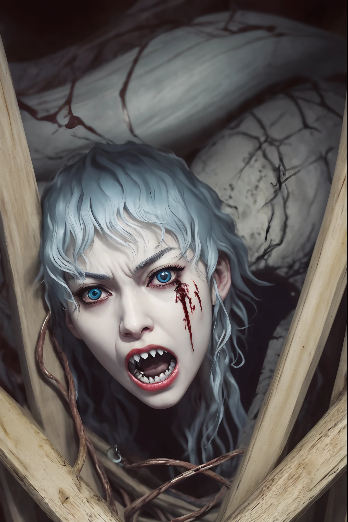 cores, Imagem de um homem em armadura com uma lua cheia ao fundo, Griffith, Berserk, Griffith, de Furioso, Estilo de arte Berserk, Furious manga, em Berserk Manga, Estilo Berserk, Furioso, sangue de Furioso, Bastien Yoshitaka Amano, Yoshitaka Amano Foto realista, segurando pequeno ovo com olhos boca e nariz beherit carmesim um rosto com uma corrente sobre ele, a disembodied head screaming, cara de horror, imagem assustadora em cores, cartaz de terror, cara assustadora, jumpscare, muito perturbador, scary noodles, dentes de monstro cobertos de vermelho