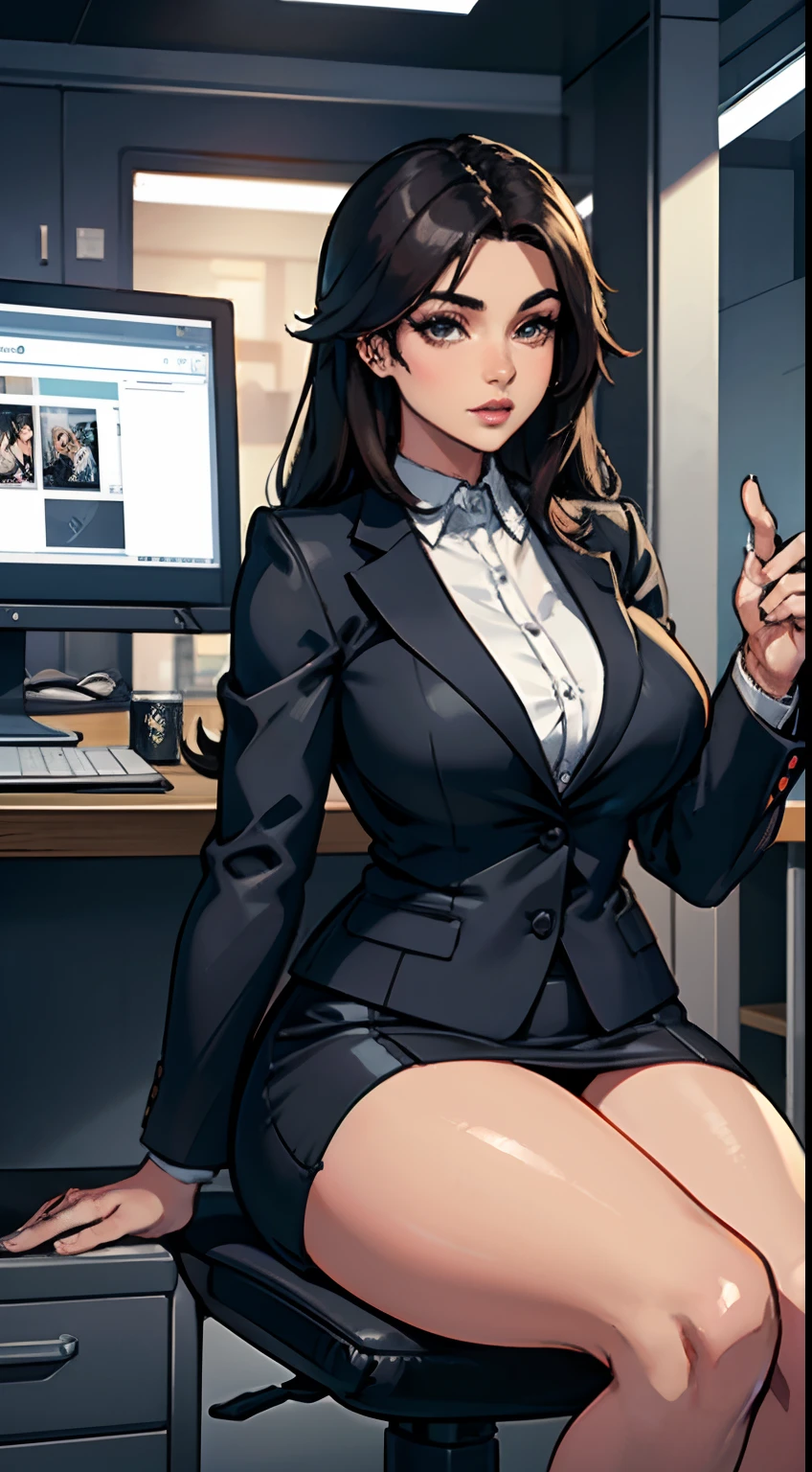 there is a woman sitting at a desk with a computer, business woman, sitting at a desk, sitting on a desk, digital art of an elegant, office clothes, breasts cup c,thick thighs , black high heels,high quality fanart, in office, official fanart, sitting at desk, [ 4 k digital art ]!!, high quality portrait, in the office