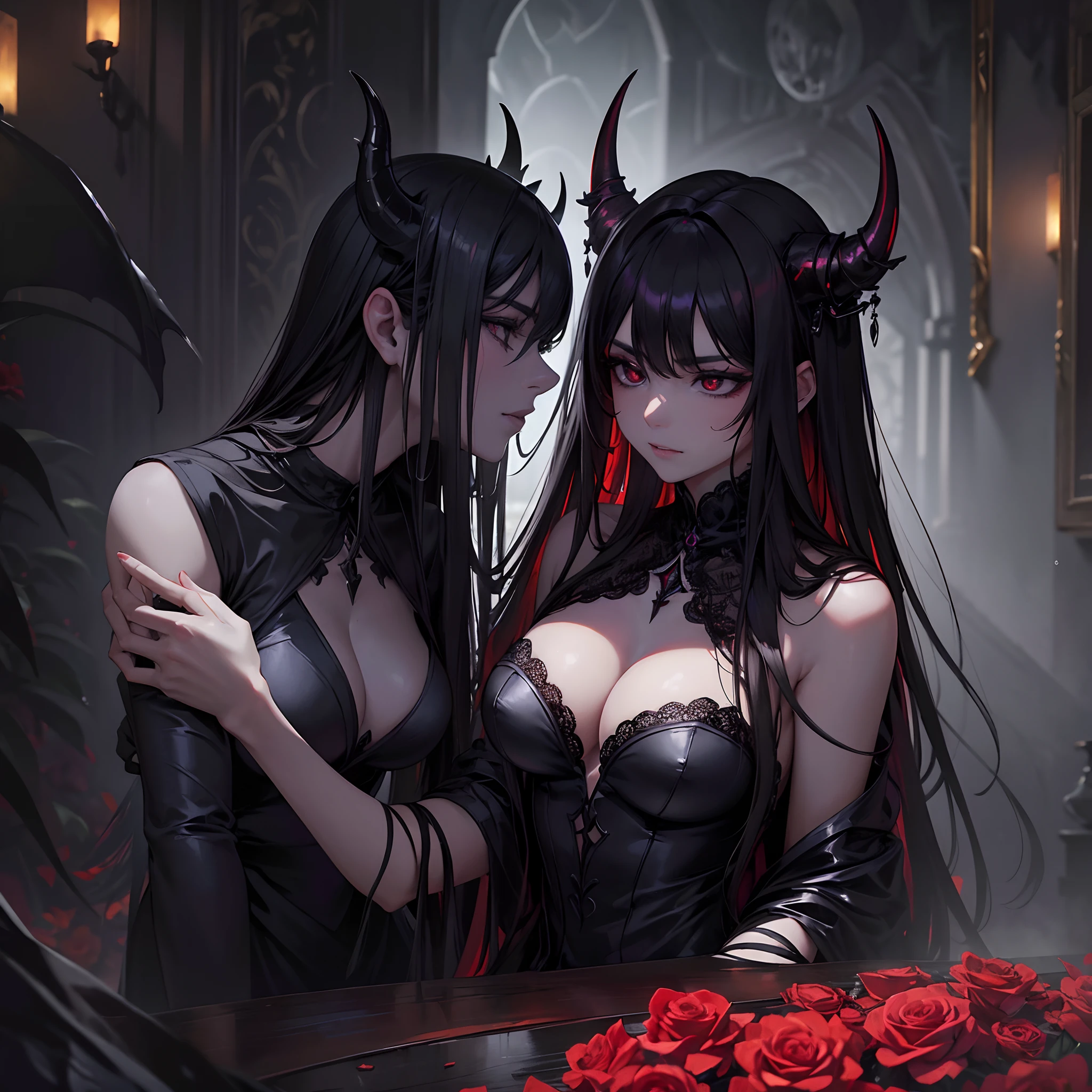 (best quality,4k,8k,highres,masterpiece:1.2),ultra-detailed,(realistic,photorealistic,photo-realistic:1.37),dark and mysterious,ethereal and haunting,portraits,devilish wives,red-toned,subtle backlighting,medium:oil painting,detailed facial features,glowing eyes,intense gaze,sharp focus,flowing dark hair,wearing elegant black dresses,subtle smoke,atmospheric vibe,ominous atmosphere,soft shadows,vivid colors,impeccable makeup,sinister aura,lush garden background,whispering secrets,subtle demonic symbols,2 devilish wives standing side by side,enticing smiles,imposing presence,feeling of temptation,dripping blood-red roses,subtle horns poking through their hair,suggestive poses,alluring charm,contrasting light and shadow,impressive attention to detail,hauntingly beautiful.

Be aware of：
- This is a high-quality image with oil painting as a medium，The whole body of the two demon wives is graphically shown。
- The image uses dark and mysterious tones，Full of incredible feelings，And in the portrait the image of the devil's wife was created。
- Describe their detailed facial features、shinning eyes、Nervous gaze、flowing dark hair，and the image of wearing an elegant black dress。
- The painting is in vivid colors、Unique atmosphere against a garden background，Added subtle smoke and atmosphere，It gives a sense of ominousness。
-furthermore，demonic symbols、The sharp contrast and exquisite detail also show the high quality of the image。