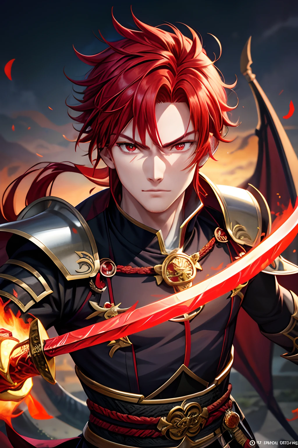 Red hair, a close up of a person with a sword and a dragon, handsome guy in demon slayer art, by Yang J, demon male, human male demon, beautiful male god of death, male warrior, male vampire of clan banu haqim, by Shen Zhou, demon hero, handsome japanese demon boy, man male demon, detailed digital anime art