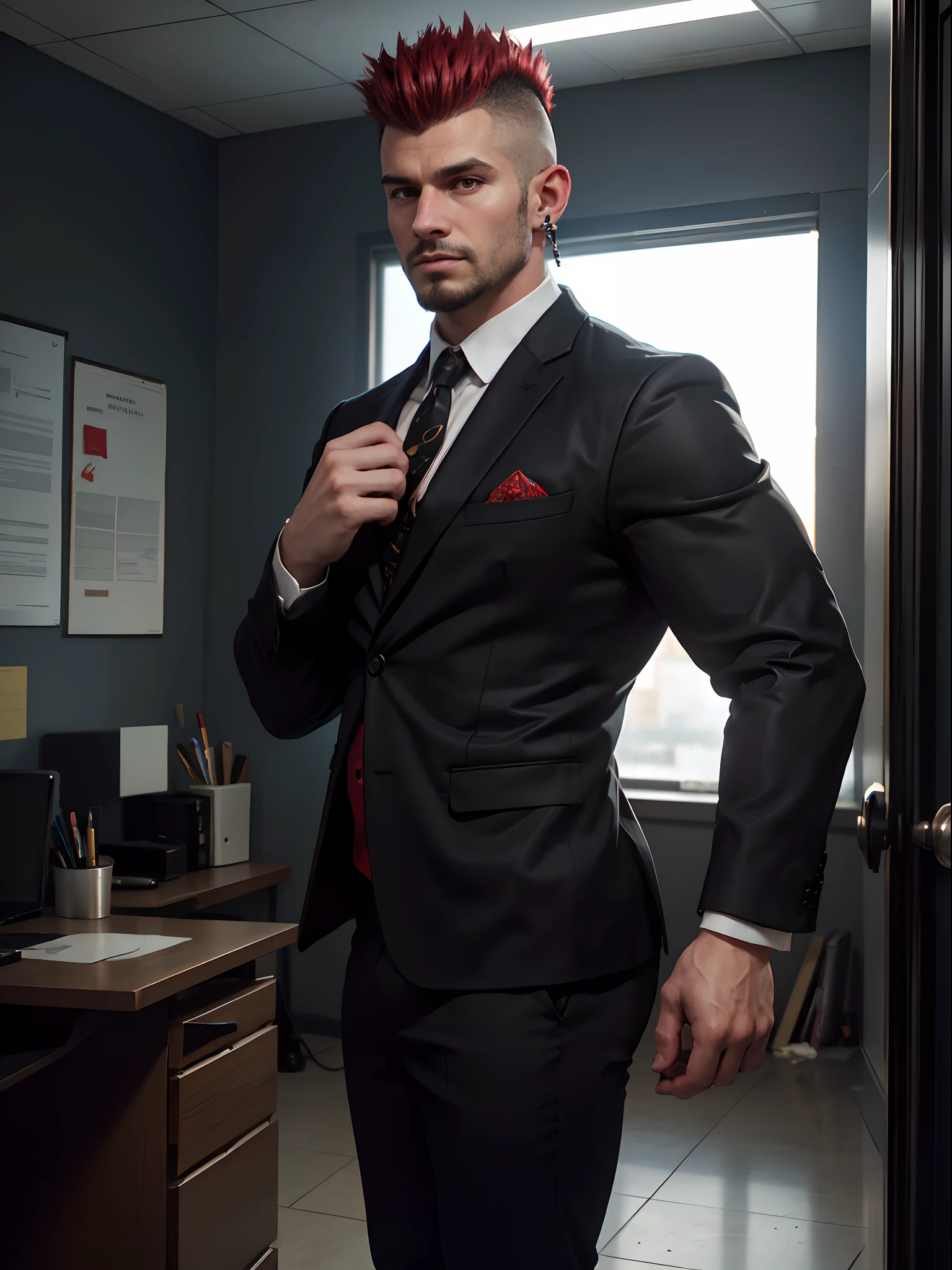 gyumao, bull, bovid, horn, (black body:1.4), black fur, fluffy, male, (clothed, suit), topwear, bottomwear, manly, markings, tail, office, front view, 5 fingers, red facial hair, mohawk, red hair, red eyes, tail, tail accessory, tail jewelry, BREAK, by zephyxus, by thebigslick, by personalami, by snowskau, (intricate, high detail, film photography, soft focus, RAW candid cinema, photorealism, realistic, photorealistic, analog style, subsurface scattering, masterpiece, best quality, ultra realistic, 8k)