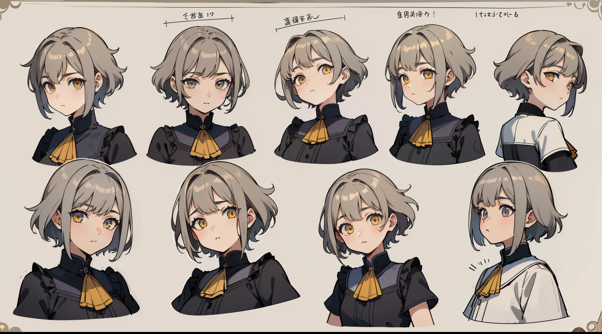 ((Masterpiece, Highest quality)), Detailed face, character sheets, full bodyesbian, 1boys,shoun,children's,Babe, Yellow eyes, Gray hair, short detailed hair, Messy hair, , hair between eye,Black loose blouse, Full of details, Multiple poses and expressions, Highly detailed, Depth, Many parts