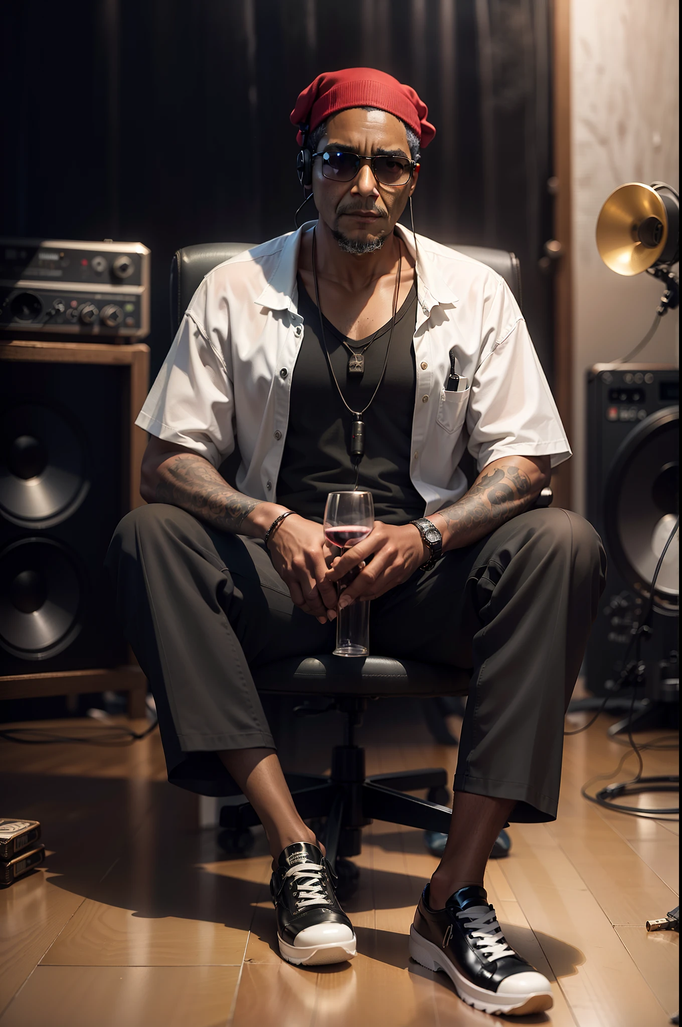 belo homem negro usando terno preto listrado, sapatos de couro preto, holding glass of wine, fumando charuto cubano, usando headphones, in a large recording studio