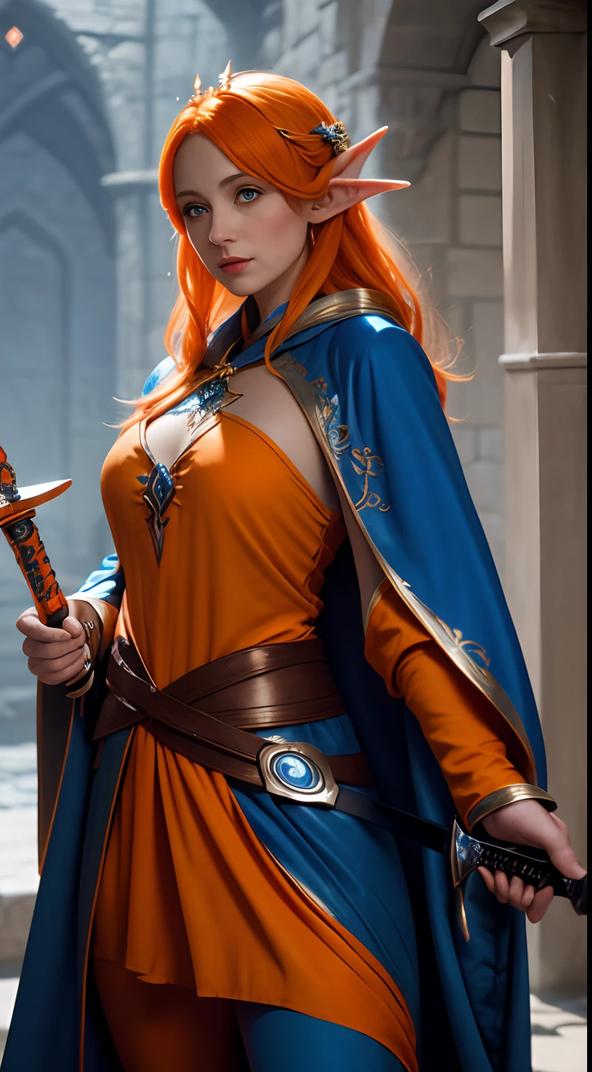 Female eladrin in blue robes and orange hair amd a longsword in her hand