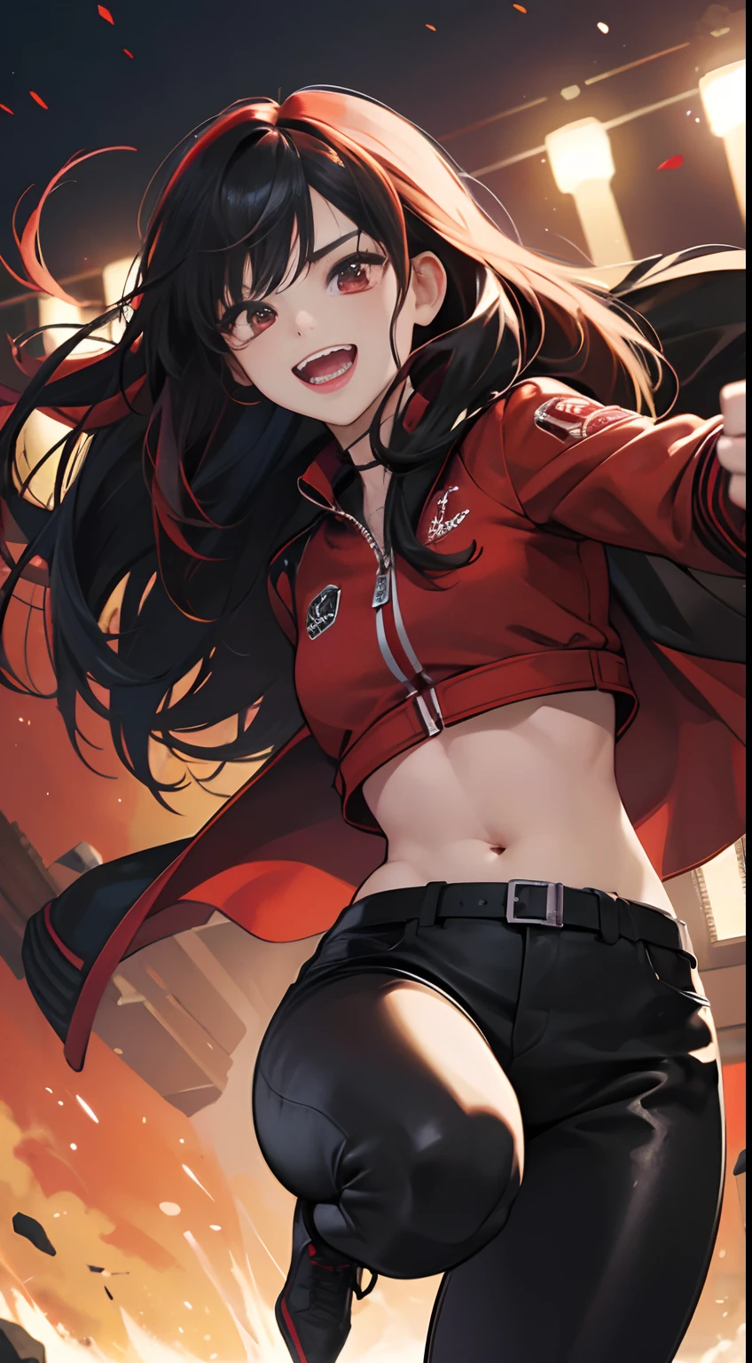 (Best Quality,4K,High resolution), girl with, Red mesh hair on black hair, Long straight hair, sharp eye，Red Eyes、eye liner、Red jacket with intricate décor、Navel Ejection、cross belt、Tight leather pants、Laugh exhilarating，Hold your fist in front of your body，comic strip，animesque、boxing、Battle Pose，Depiction like a scene from a battle manga、Deformed cute illustration、