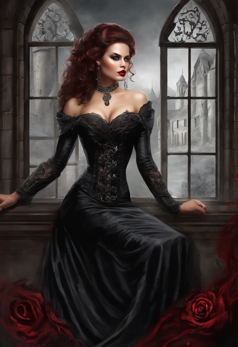 A dark and atmospheric oil painting featuring a stunning Victorian-era woman. She wears an elaborate, high-necked gown adorned with lace and intricate embroidery. Her expression is mysterious, with beautiful eyes that hint at hidden secrets. The setting is a dimly lit, gothic interior, with heavy velvet drapes, a grand fireplace, and an ornate, antique mirror reflecting the flickering light of a candelabrum. Shadows loom in the corners, and the air seems thick with an otherworldly presence, giving the scene an occult and eerie feel. ((Revelating Big boobs)), ((visble pussy)), (((visible anus)))