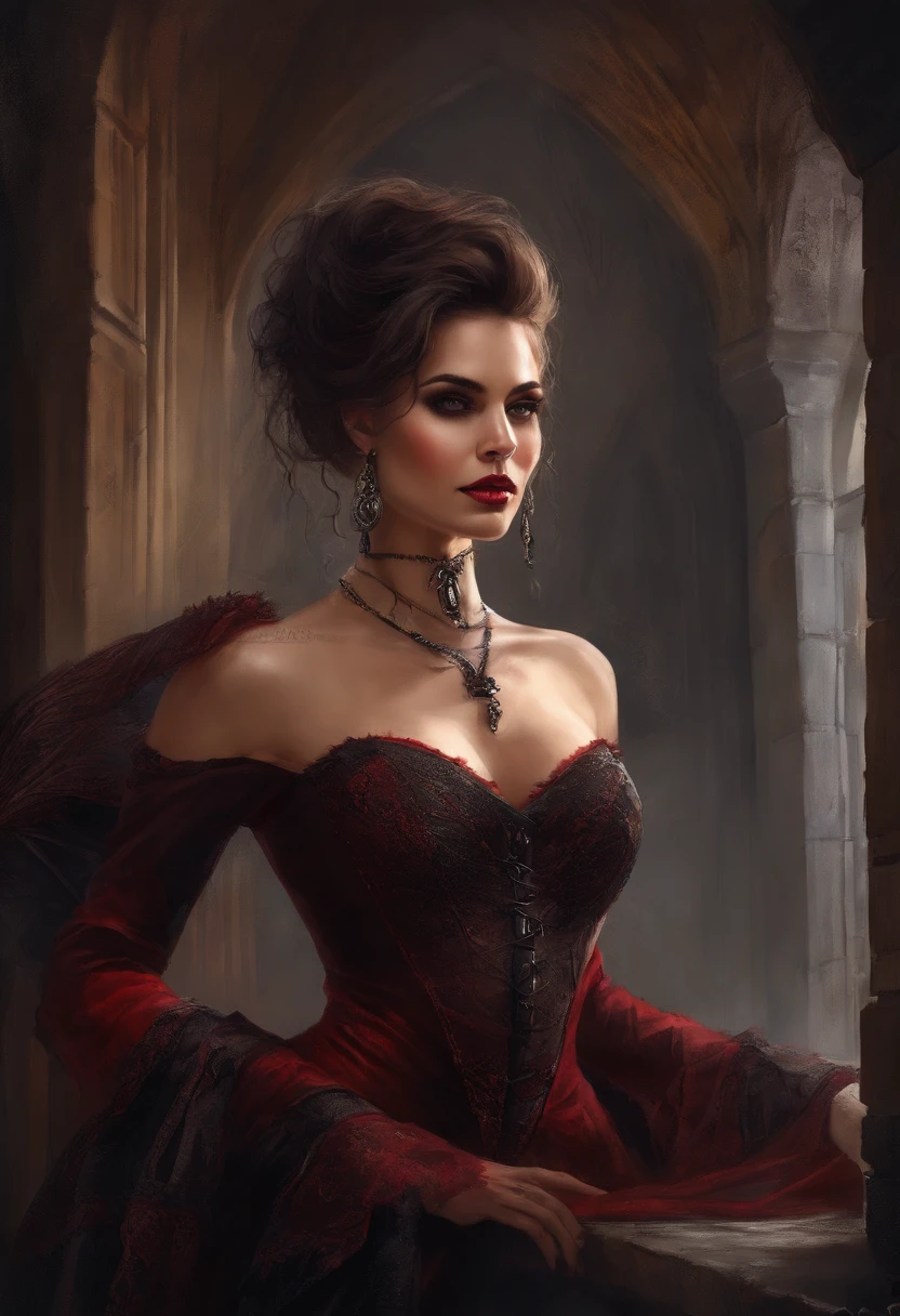 (masterpiece, top quality, best quality, official art, beautiful and aesthetic:1.2), (1girl:1.3), long and curly dark brown hair, ((extravagant updo)), Victorian style, extremely detailed, portrait, looking at viewer, solo, (full body:0.6), detailed background, close up, mischievous eyes, (cold midnight castle theme:1.1), extremely busty vampire, long fangs, blood on chin, huge lips, charlatan, smirk, mysterious, being seductive on a balcony, revealing gothic dress, lace, extremely tight bodice, black attire, red skirts, off shoulder, long sleeves, loose sleeves, black leather, cloak, corset, black dress, fishnets, thigh high black boots, buckles, straps, pouches, glowing blood magic energy, dark red fabric, silver trim, black leather, gigantic breasts, cleavage, skindentation, slim waist, slim hips, long legs, medieval (gothic castle exterior:1.1) background, nighttime, dark mysterious lighting, shadows, magical atmosphere, dutch angle