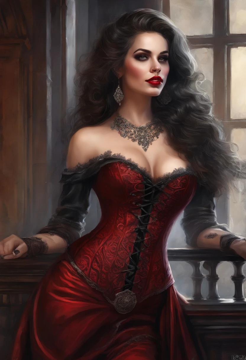 (masterpiece, top quality, best quality, official art, beautiful and aesthetic:1.2), (1girl:1.3), long and curly dark brown hair, ((extravagant updo)), Victorian style, extremely detailed, portrait, looking at viewer, solo, (full body:0.6), detailed background, close up, mischievous eyes, (cold midnight castle theme:1.1), extremely busty vampire, long fangs, blood on chin, huge lips, charlatan, smirk, mysterious, being seductive on a balcony, revealing gothic dress, lace, extremely tight bodice, black attire, red skirts, off shoulder, long sleeves, loose sleeves, black leather, cloak, corset, black dress, fishnets, thigh high black boots, buckles, straps, pouches, glowing blood magic energy, dark red fabric, silver trim, black leather, gigantic breasts, cleavage, skindentation, slim waist, slim hips, long legs, medieval (gothic castle exterior:1.1) background, nighttime, dark mysterious lighting, shadows, magical atmosphere, dutch angle