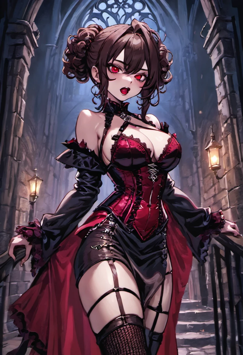 (masterpiece, top quality, best quality, official art, beautiful and aesthetic:1.2), (1girl:1.3), long and curly dark brown hair, ((extravagant updo)), Victorian style, extremely detailed, portrait, looking at viewer, solo, (full body:0.6), detailed background, close up, mischievous eyes, (cold midnight castle theme:1.1), extremely busty vampire, long fangs, blood on chin, huge lips, charlatan, smirk, mysterious, being seductive on a balcony, revealing gothic dress, lace, extremely tight bodice, black attire, red skirts, off shoulder, long sleeves, loose sleeves, black leather, cloak, corset, black dress, fishnets, thigh high black boots, buckles, straps, pouches, glowing blood magic energy, dark red fabric, silver trim, black leather, gigantic breasts, cleavage, skindentation, slim waist, slim hips, long legs, medieval (gothic castle exterior:1.1) background, nighttime, dark mysterious lighting, shadows, magical atmosphere, dutch angle