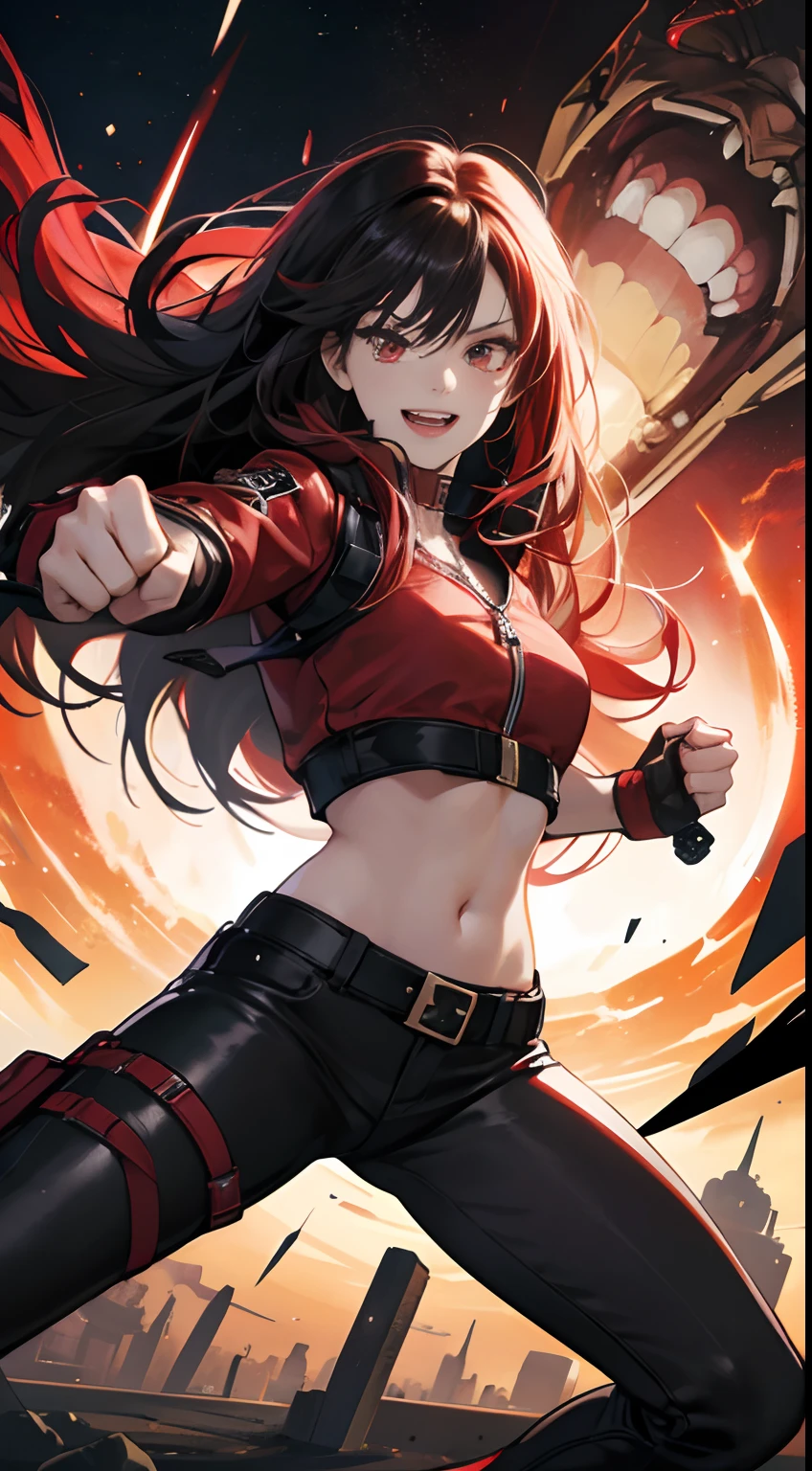 (Best Quality,4K,High resolution), girl with, Red mesh hair on black hair, Long straight hair, sharp eye,Red Eyes、eye liner、Red jacket with intricate décor、Navel Ejection、cross belt、Tight leather pants、Laugh exhilarating,Hold your fist in front of your body,comic strip,animesque、boxing、Battle Pose,Depiction like a scene from a battle manga、Deformed cute illustration、3d rendered, Surrounded by lightning,, full body photo shot, hyper realisitic、(Best Quality,4K,High resolution), girl with, Red mesh hair on black hair, Long straight hair, sharp eye,Red Eyes、eye liner、Red jacket with intricate decoration、Navel Ejection、cross belt、Tight leather pants、Laugh exhilarating,Hold your fists in front of your body,comic strip,animesque、boxing、Battle Pose,Depiction like a scene from a battle manga、Deformed cute illustration、