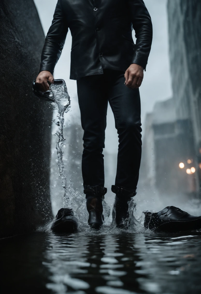 black leather shoes, no model, under water, splashes, no human, streets