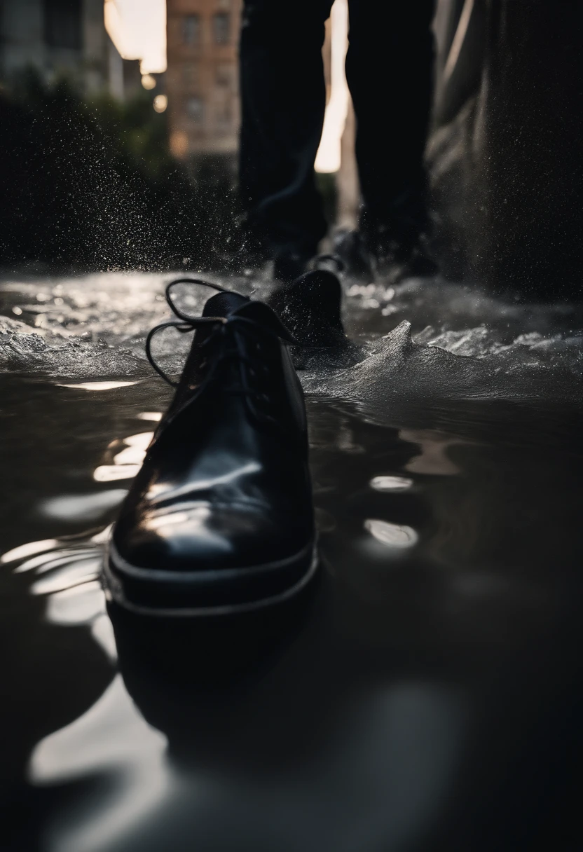 black leather shoes, no model, under water, splashes, no human, streets