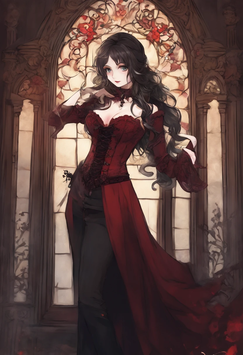 (masterpiece, top quality, best quality, official art, beautiful and aesthetic:1.2), (1girl:1.3), long and curly dark brown hair, ((extravagant updo)), Victorian style, extremely detailed, portrait, looking at viewer, solo, (full body:0.6), detailed background, close up, mischievous eyes, (cold midnight castle theme:1.1), extremely busty vampire, long fangs, blood on chin, huge lips, charlatan, smirk, mysterious, being seductive on a balcony, revealing gothic dress, lace, extremely tight bodice, black attire, red skirts, off shoulder, long sleeves, loose sleeves, black leather, cloak, corset, black dress, fishnets, thigh high black boots, buckles, straps, pouches, glowing blood magic energy, dark red fabric, silver trim, black leather, gigantic breasts, cleavage, skindentation, slim waist, slim hips, long legs, medieval (gothic castle exterior:1.1) background, nighttime, dark mysterious lighting, shadows, magical atmosphere, dutch angle