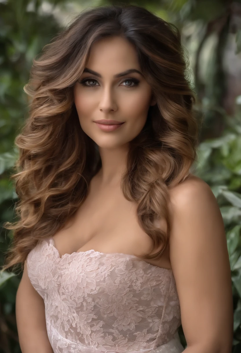 Corte de cabelo ondulado longo, Mulher de 30 anos, belo corpo inteiro, Curvy , barriga rechonchuda, coxas lisas e gordurosas, bonito anime morena afiado olhos detalhados, rosto lindo, symmetric, encantador , calcinha branca molhada com fitas rosas mostrando sorriso, blusa branca desabotoada molhada, diafragma , hands on butt , ao ar livre, chuva , HDR, 8k, DSLR, Fotografia RAW, soft lighting, foco nítido, textura de pele realista