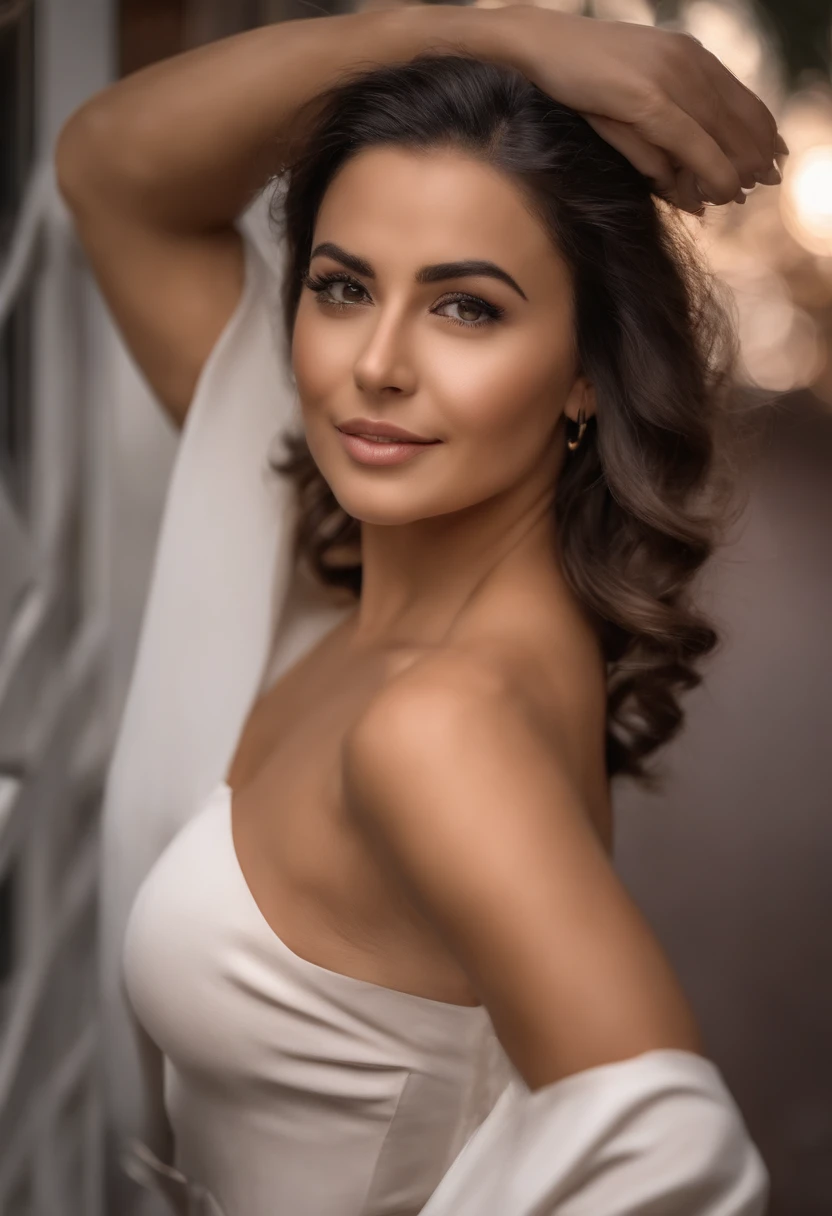 Corte de cabelo ondulado longo, Mulher de 30 anos, belo corpo inteiro, Curvy , barriga rechonchuda, coxas lisas e gordurosas, bonito anime morena afiado olhos detalhados, rosto lindo, symmetric, encantador , calcinha branca molhada com fitas rosas mostrando sorriso, blusa branca desabotoada molhada, diafragma , hands on butt , ao ar livre, chuva , HDR, 8k, DSLR, Fotografia RAW, soft lighting, foco nítido, textura de pele realista