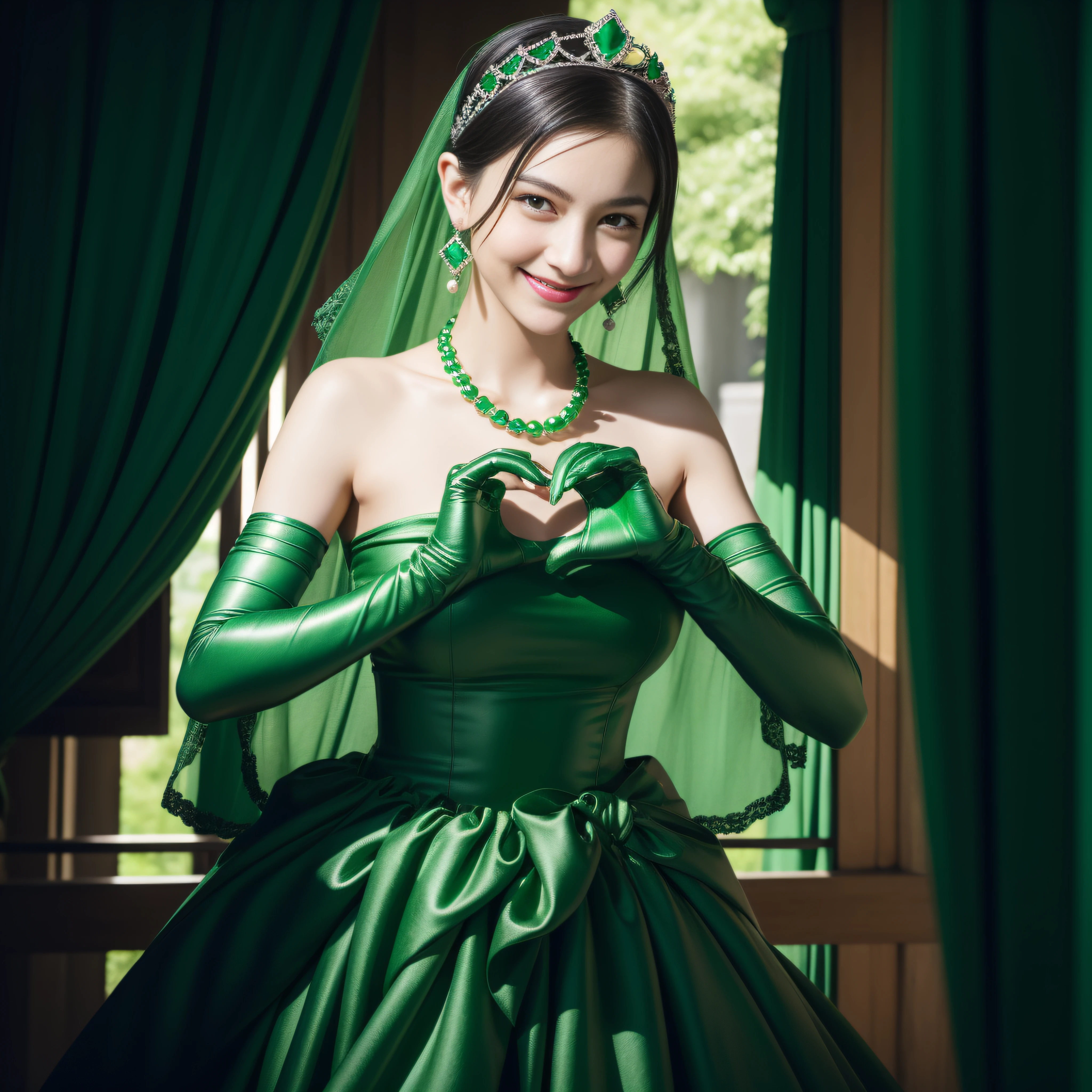 emerald tiara, Green Pearl Necklace, Boyish very short black hair, lipsticks, Japan woman smiling, very short short hair, big breasts beautiful, Green eyes, Long green gloves made of satin material, Green eyes, Emerald Earrings, green vale, Heart with both hands, A dark-haired