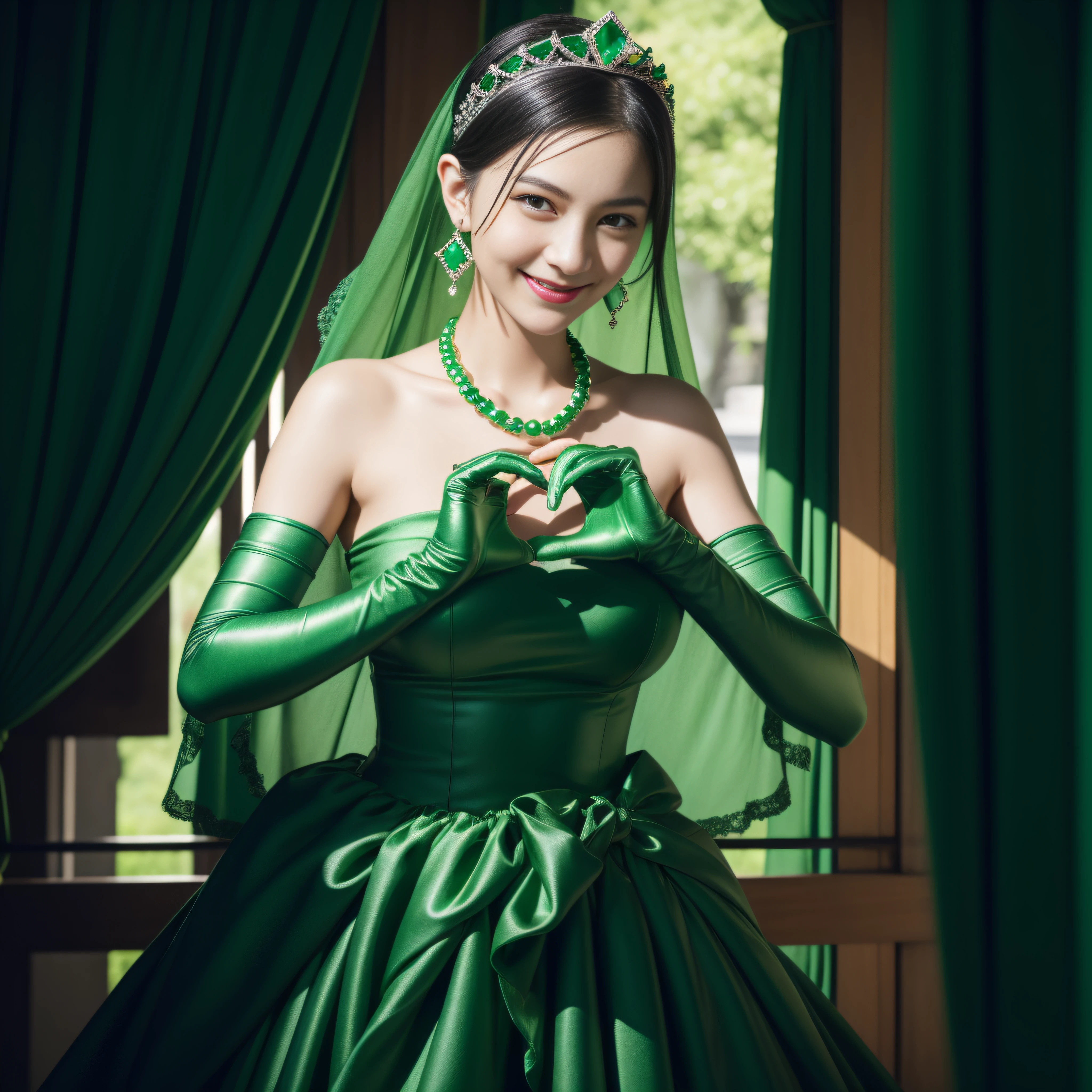 Emerald Tiara, green pearl necklace, boyish very short green hair, Green Lips, Smiling Japanese woman, very short hair, Beautiful woman with big breasts, green eyes, Green satin gloves, green eyes, emerald earrings, green veil, Heart with both hands, green hair, beautiful japanese woman, Heart shaped hands:1.3, green lip gloss