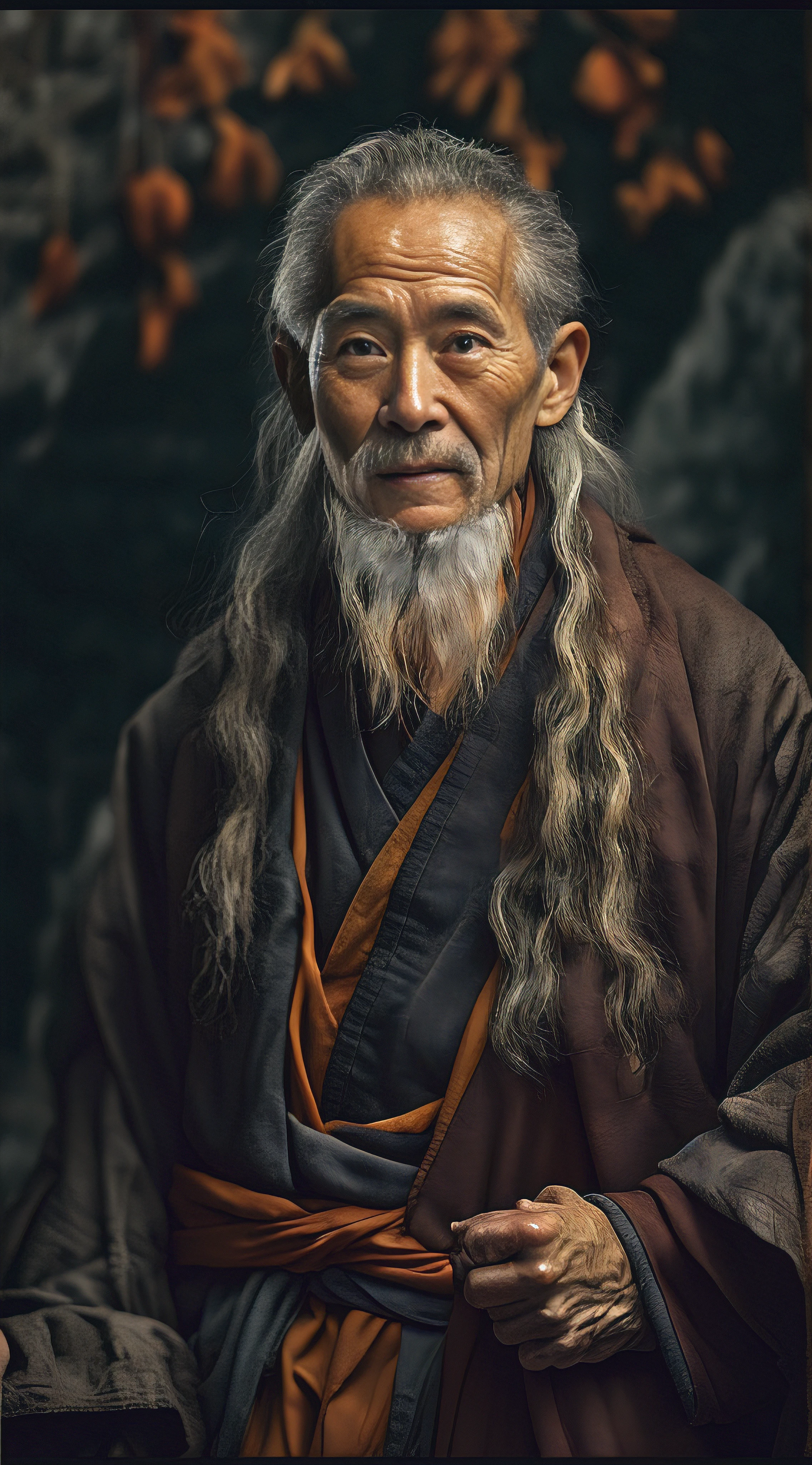 An old man，Wearing a monk's robe，Face to the camera，The expression is kind