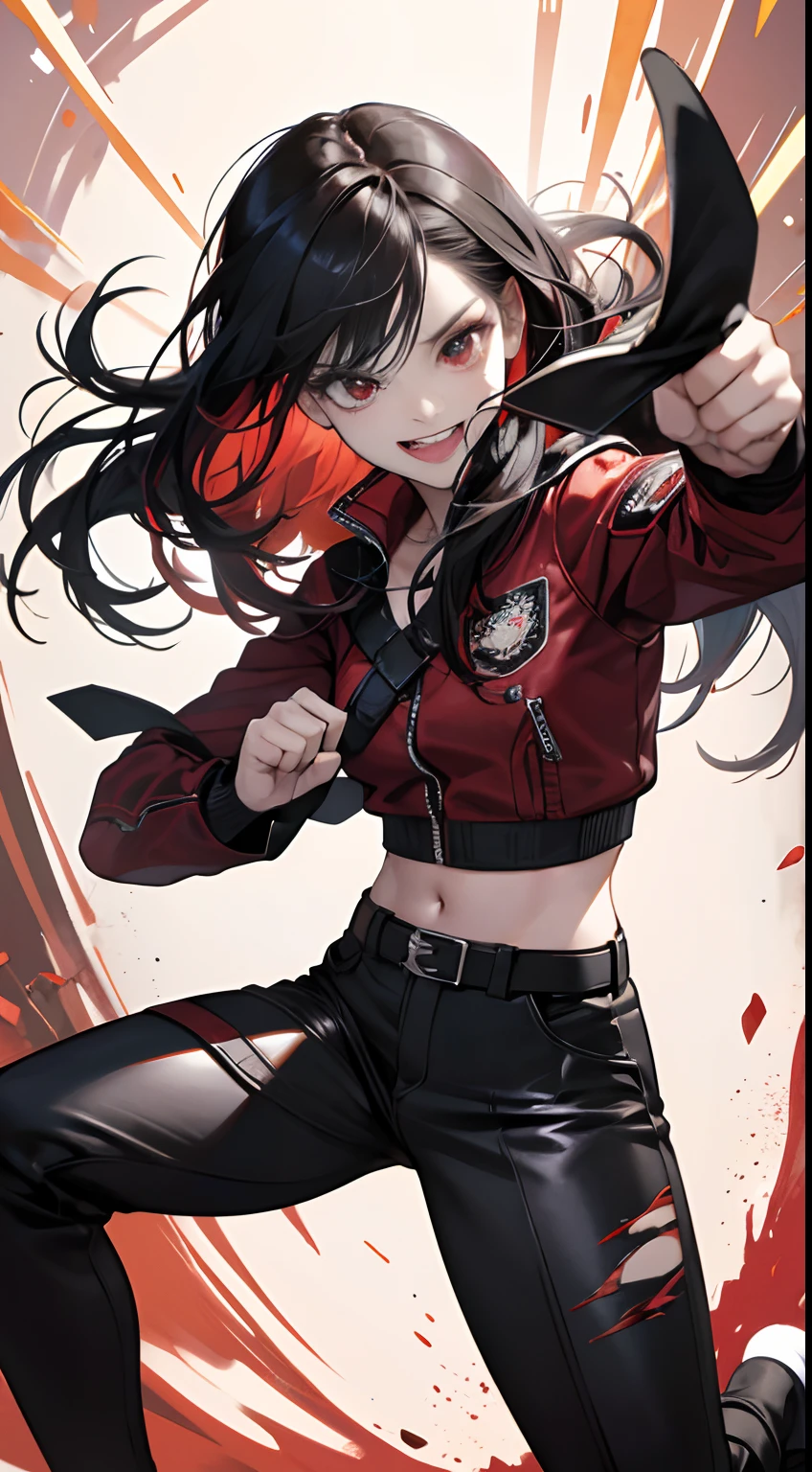 (Best Quality,4K,High resolution), girl with, Red mesh hair on black hair, Long straight hair, sharp eye,Red Eyes、eye liner、Red jacket with intricate décor、Navel Ejection、cross belt、Tight leather pants、Laugh exhilarating,Hold your fist in front of your body,comic strip,animesque、boxing、Battle Pose,Depiction like a scene from a battle manga、Deformed cute illustration、3d rendered, Surrounded by lightning,, full body photo shot, hyper realisitic、(Best Quality,4K,High resolution), girl with, Red mesh hair on black hair, Long straight hair, sharp eye,Red Eyes、eye liner、Red jacket with intricate decoration、Navel Ejection、cross belt、Tight leather pants、Laugh exhilarating,Hold your fists in front of your body,comic strip,animesque、boxing、Battle Pose,Depiction like a scene from a battle manga、Deformed cute illustration、