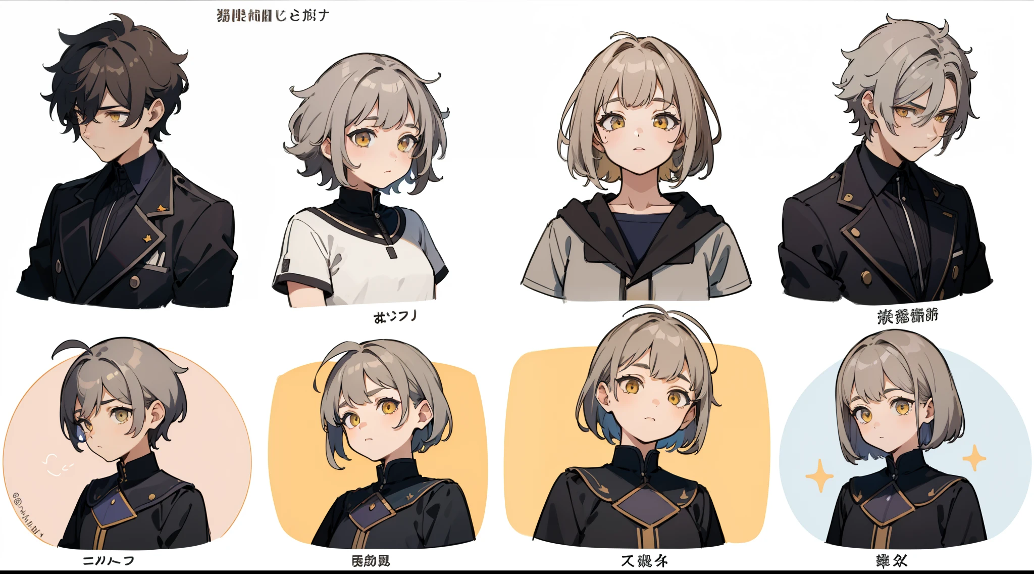 ((Masterpiece, Highest quality)), Detailed face, character sheets, full bodyesbian, 1boys,shoun,children's,Babe, Yellow eyes, Gray hair, short detailed hair, Messy hair, , hair between eye,Black loose blouse, Full of details, Multiple poses and expressions, Highly detailed, Depth, Many parts