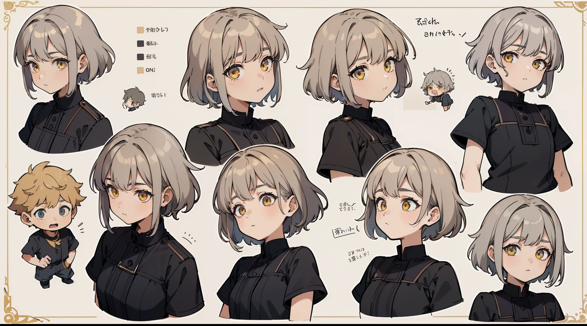 ((Masterpiece, Highest quality)), Detailed face, character sheets, full bodyesbian, 1boys,shoun,children's,Babe, Yellow eyes, Gray hair, short detailed hair, Messy hair, , hair between eye,Black loose blouse, Full of details, Multiple poses and expressions, Highly detailed, Depth, Many parts