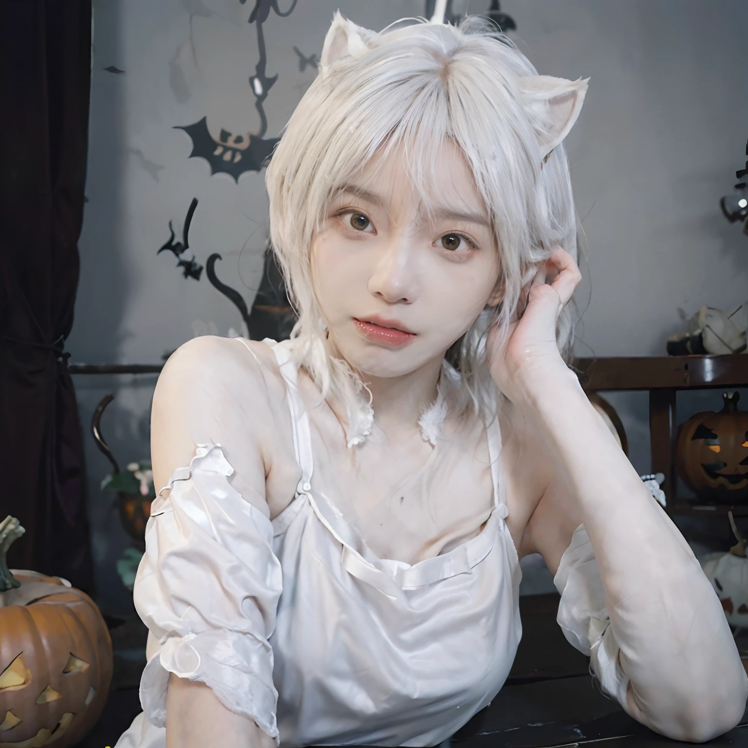 8K、(((Halloween atmosphere)))、(White underwear)、(sexy pose)、(((White hair color))) 、pumpkins、undersized head、Best Quality, 超A high resolution, (Realism: 1.4), Realistic Photos, (True skin texture: 1.3), Beautiful eyes and face details, masutepiece, Best Quality, bob cuts、18year old、(((White cat ears)))