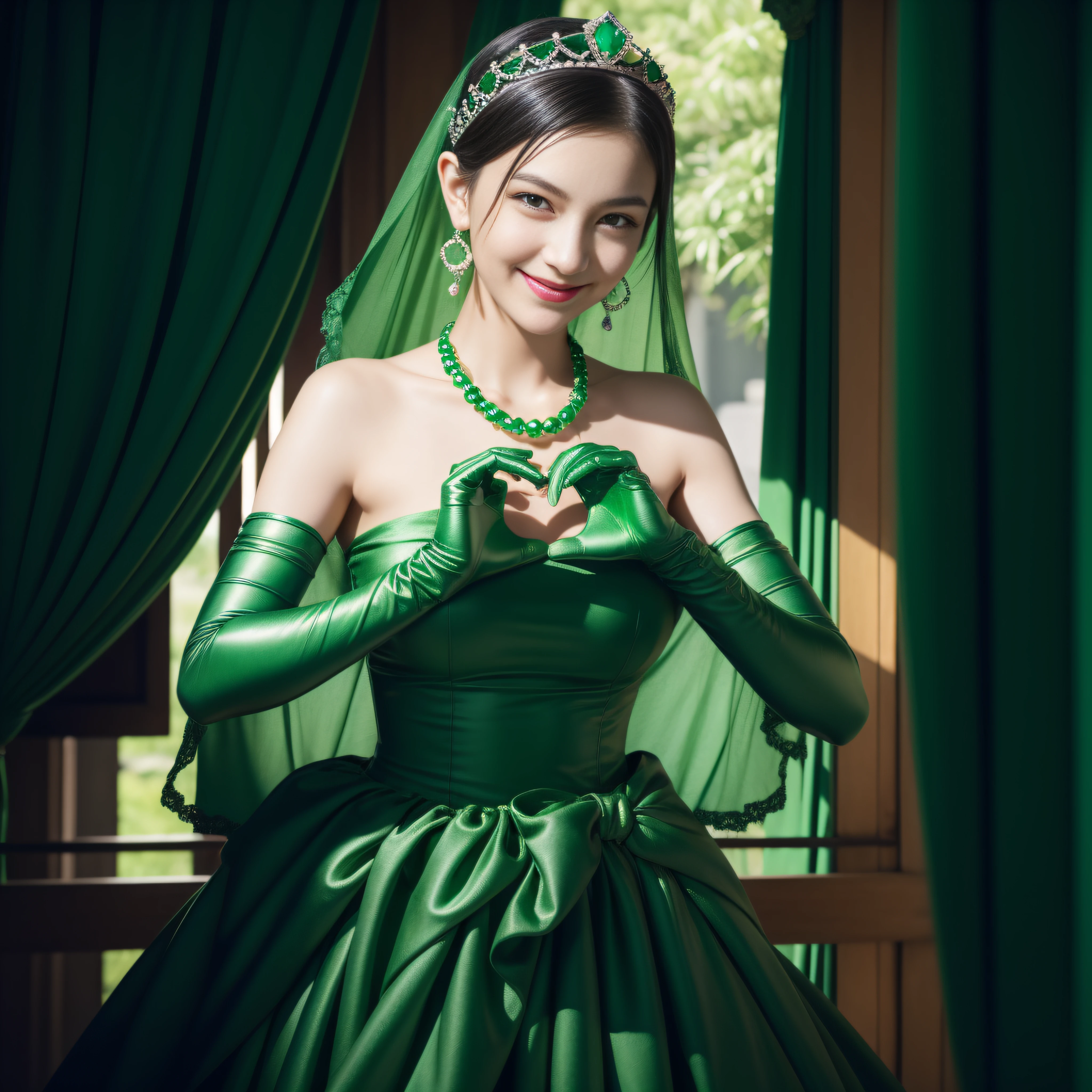 emerald tiara, Green Pearl Necklace, Boyish very short black hair, lipsticks, Japan woman smiling, very short short hair, big breasts beautiful, Green eyes, Long green gloves made of satin material, Green eyes, Emerald Earrings, green vale, Heart with both hands, A dark-haired